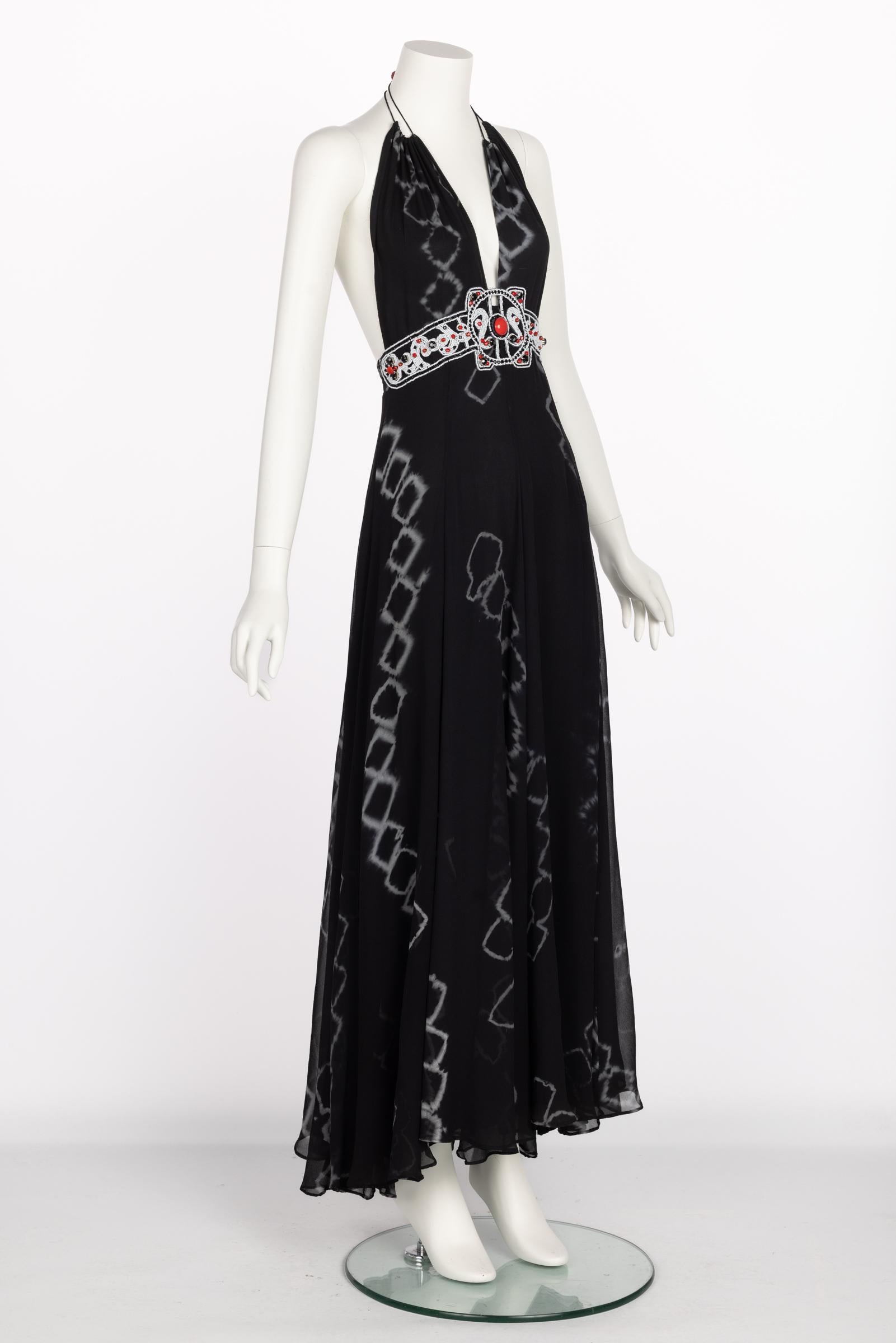 Women's Jenny Packham Black Silk Embellished Waist Halter Maxi Dress For Sale