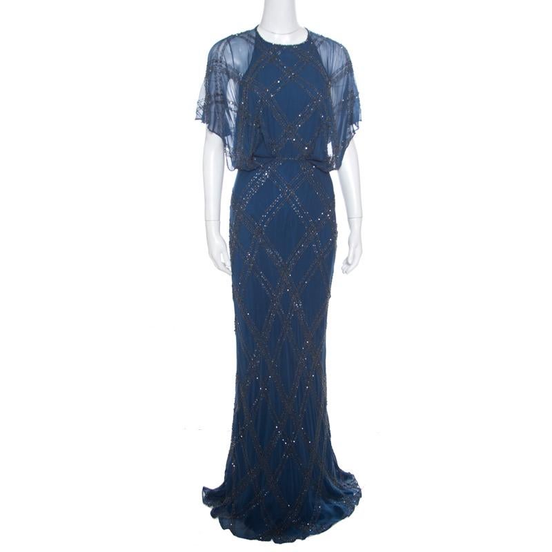Jenny Packham Blue Embellished Silk Cutout Back Detail Blouson Gown M In Good Condition In Dubai, Al Qouz 2