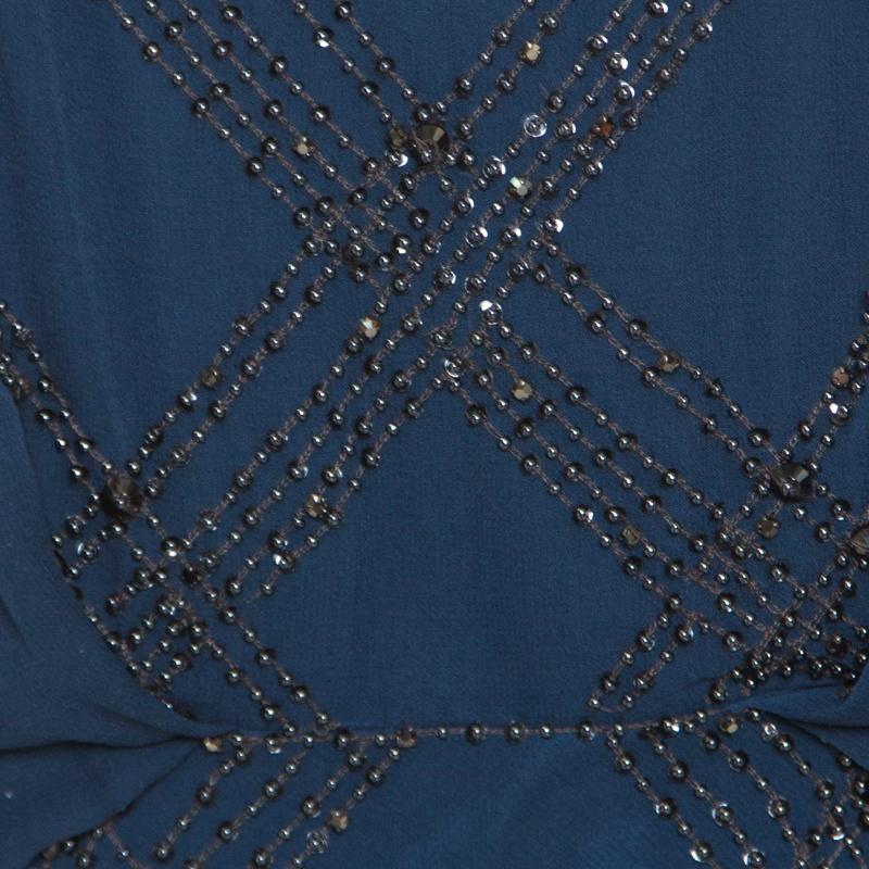 Jenny Packham Blue Embellished Silk Cutout Back Detail Blouson Gown M 1