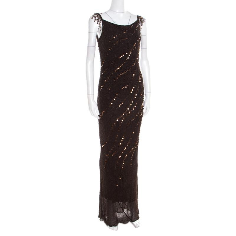 Black Jenny Packham Brown Beaded Tassel Detail Sleeveless Gown and Scarf Set M For Sale