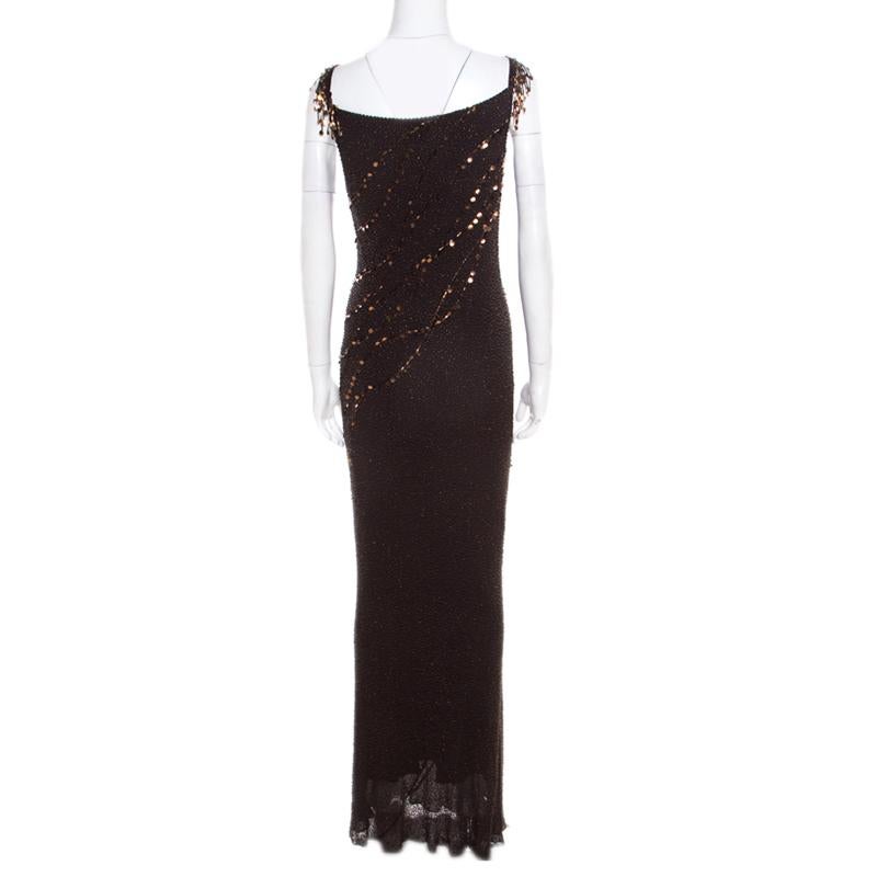 Jenny Packham Brown Beaded Tassel Detail Sleeveless Gown and Scarf Set M In Good Condition For Sale In Dubai, Al Qouz 2