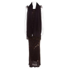 Jenny Packham Brown Beaded Tassel Detail Sleeveless Gown and Scarf Set M