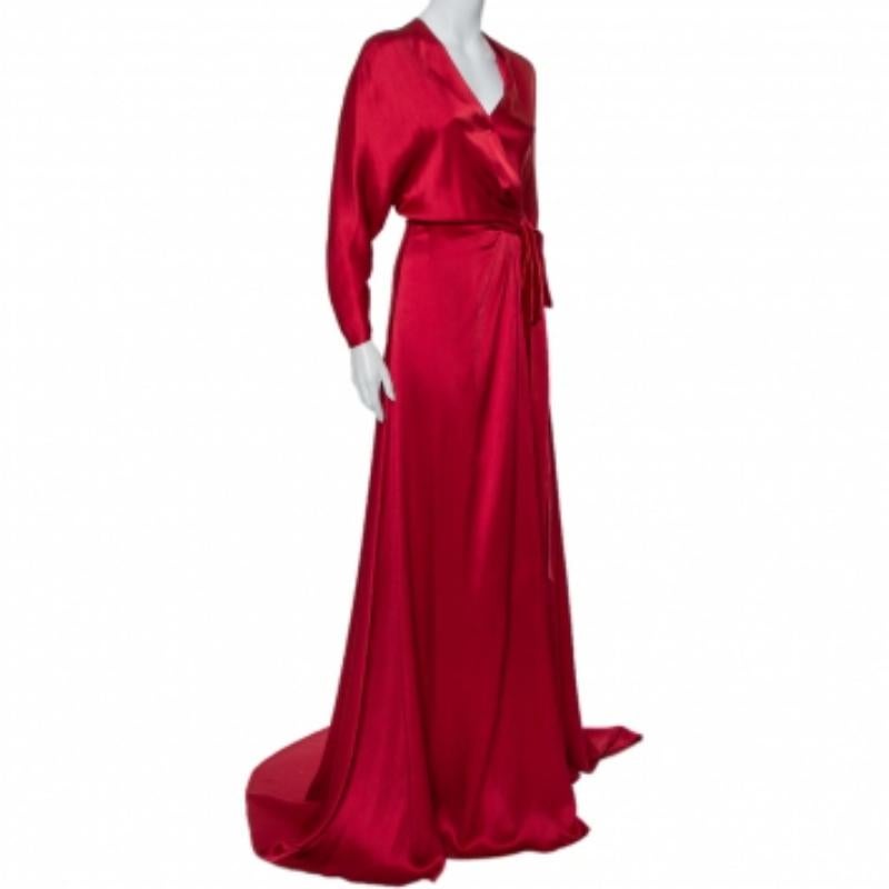 Women's Jenny Packham Burgundy Satin Trail Detail Wrap Gown M For Sale