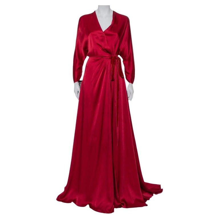 Jenny Packham Burgundy Satin Trail Detail Wrap Gown M For Sale at 1stDibs