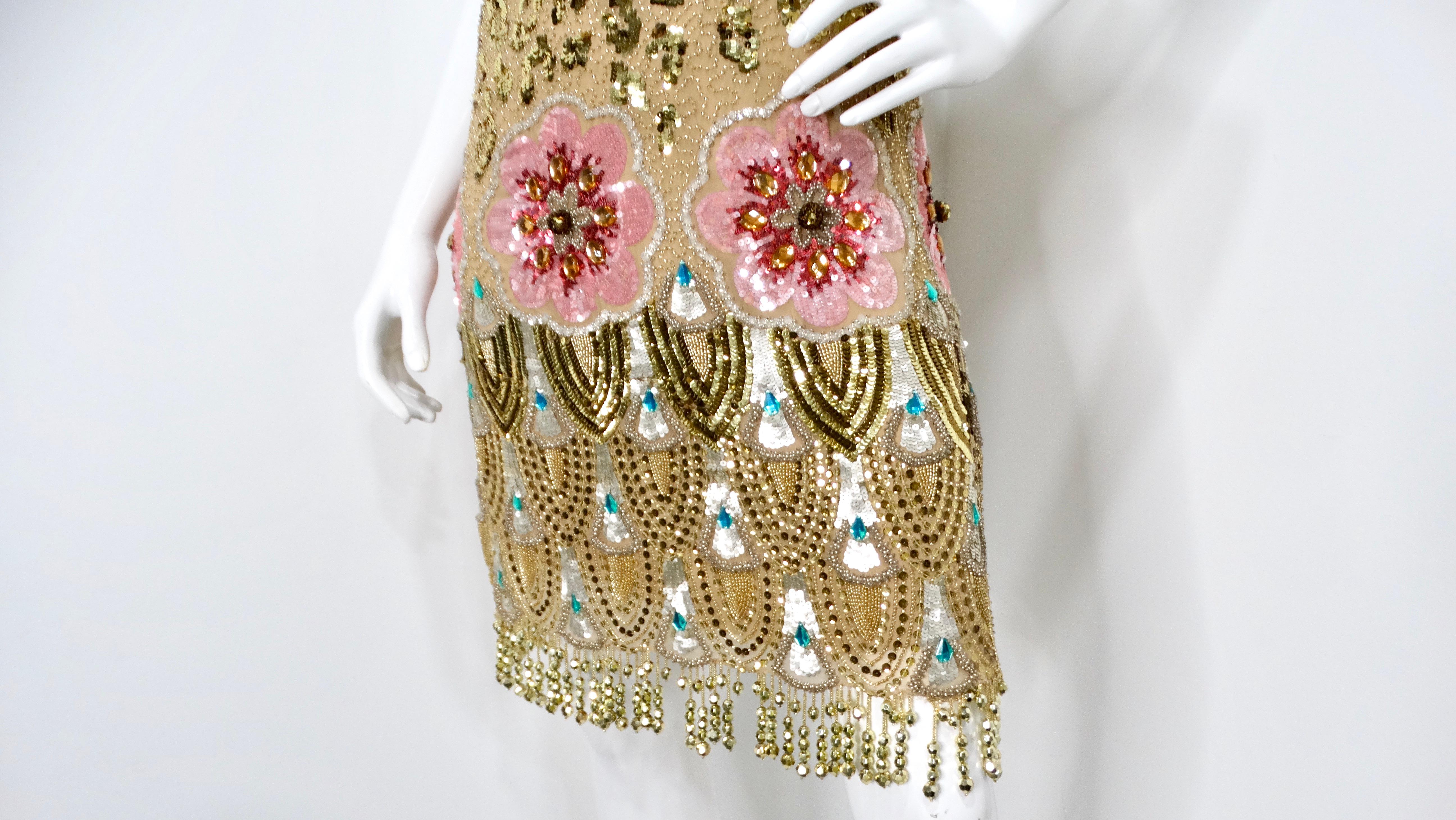 Jenny Packham - Vestito senza maniche con paillettes e stampa floreale e leopardo dorato In condizioni buone in vendita a Scottsdale, AZ