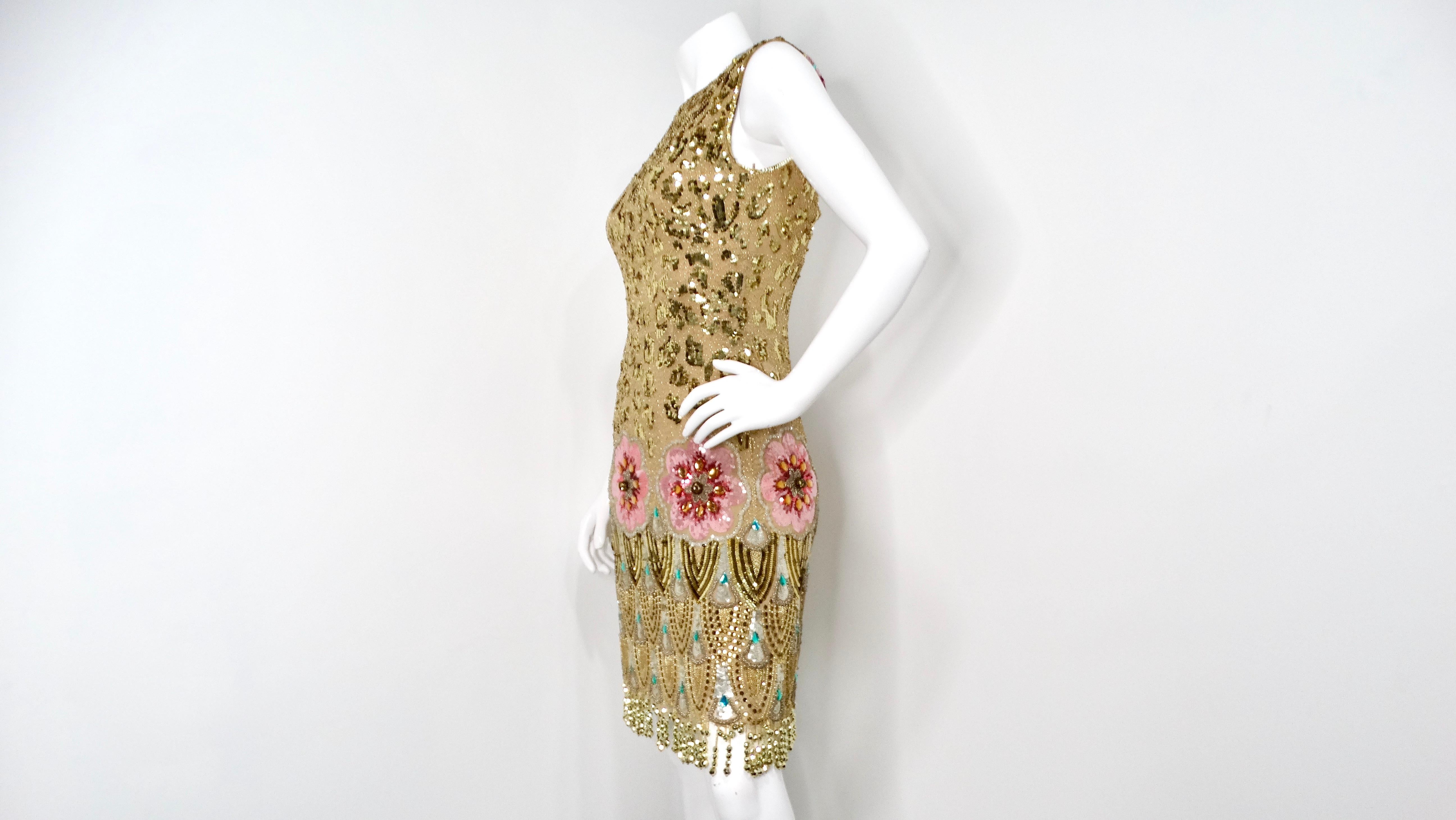 Jenny Packham - Vestito senza maniche con paillettes e stampa floreale e leopardo dorato in vendita 1