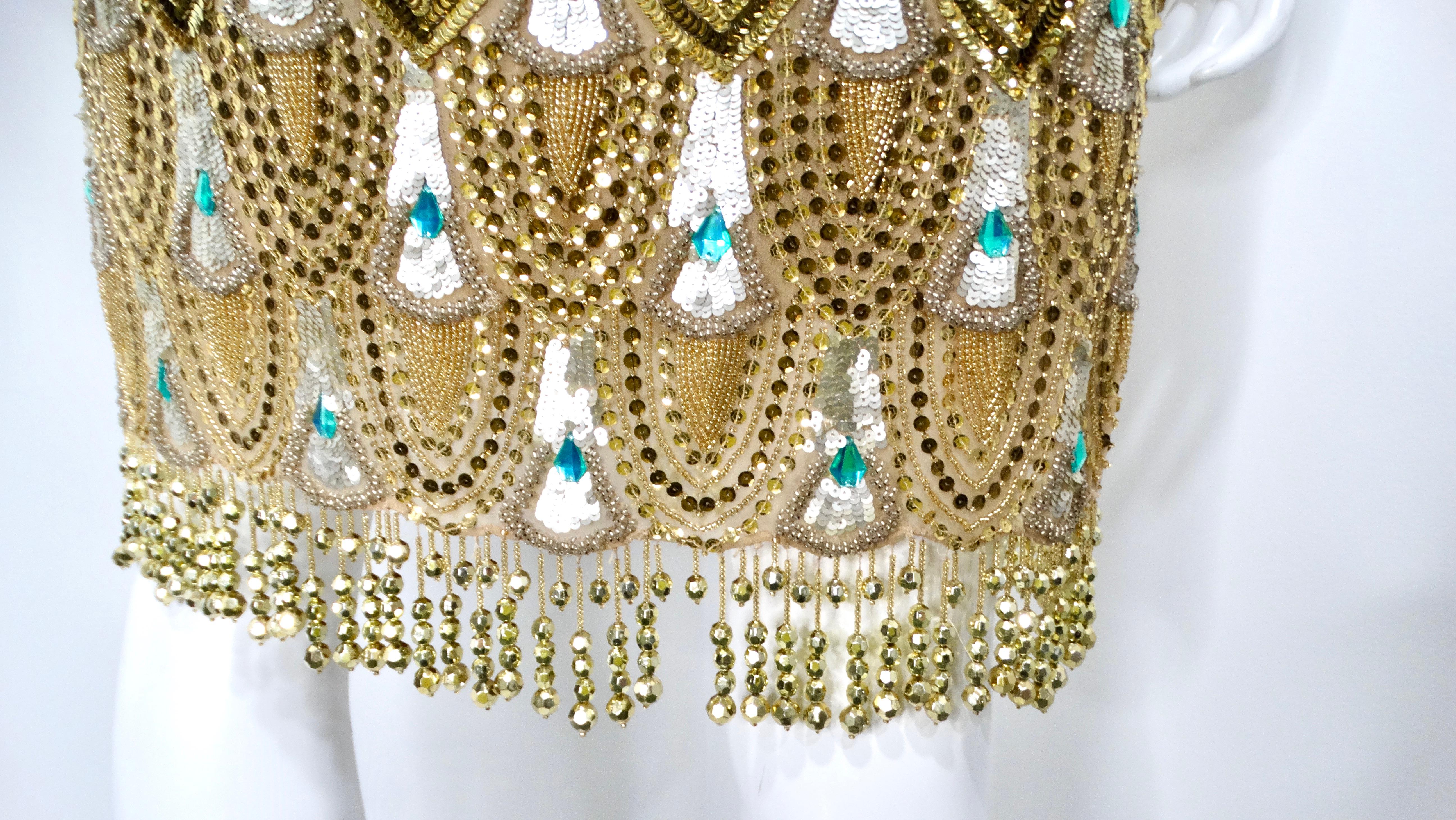 Jenny Packham - Vestito senza maniche con paillettes e stampa floreale e leopardo dorato in vendita 2