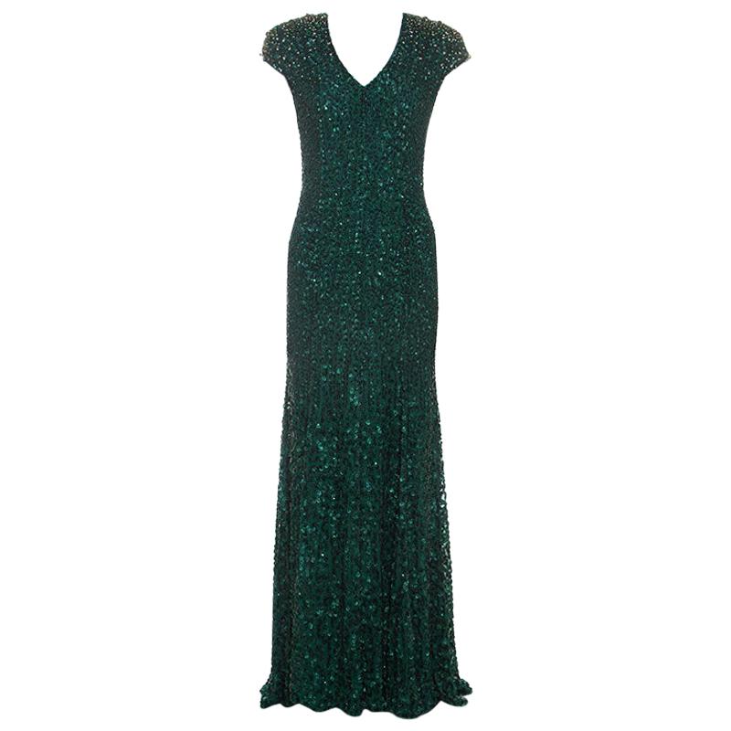 Jenny Packham Green Embellished Matador Evening Gown