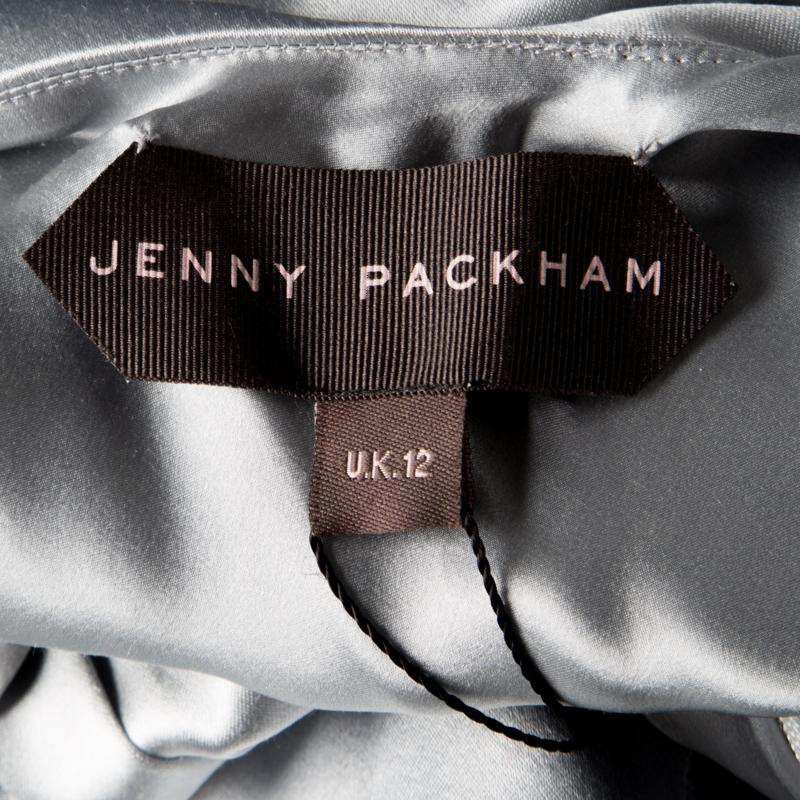 Jenny Packham Grey Satin Embellished Halter Evening Gown M In Good Condition In Dubai, Al Qouz 2