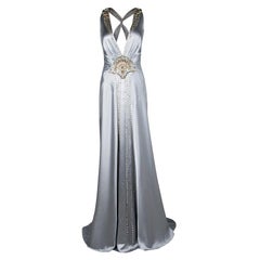 Jenny Packham Grey Satin Embellished Halter Evening Gown M