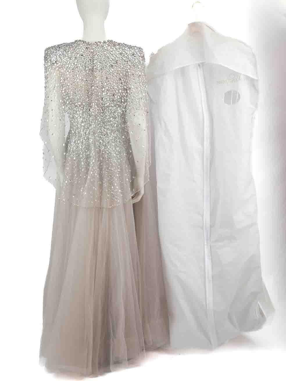 Jenny Packham Grey Sequinned Cape Evening Gown Size XL In Good Condition For Sale In London, GB