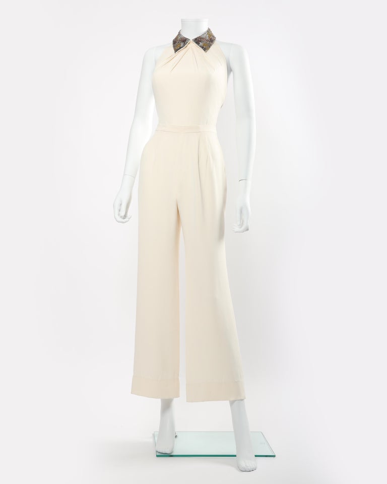 Beige Jenny Packham ivory cream crystal jewel collar backless wedding dress jumpsuit For Sale