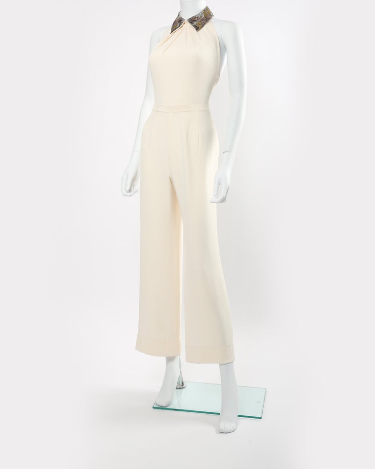 Women's Jenny Packham ivory cream crystal jewel collar backless wedding dress jumpsuit For Sale