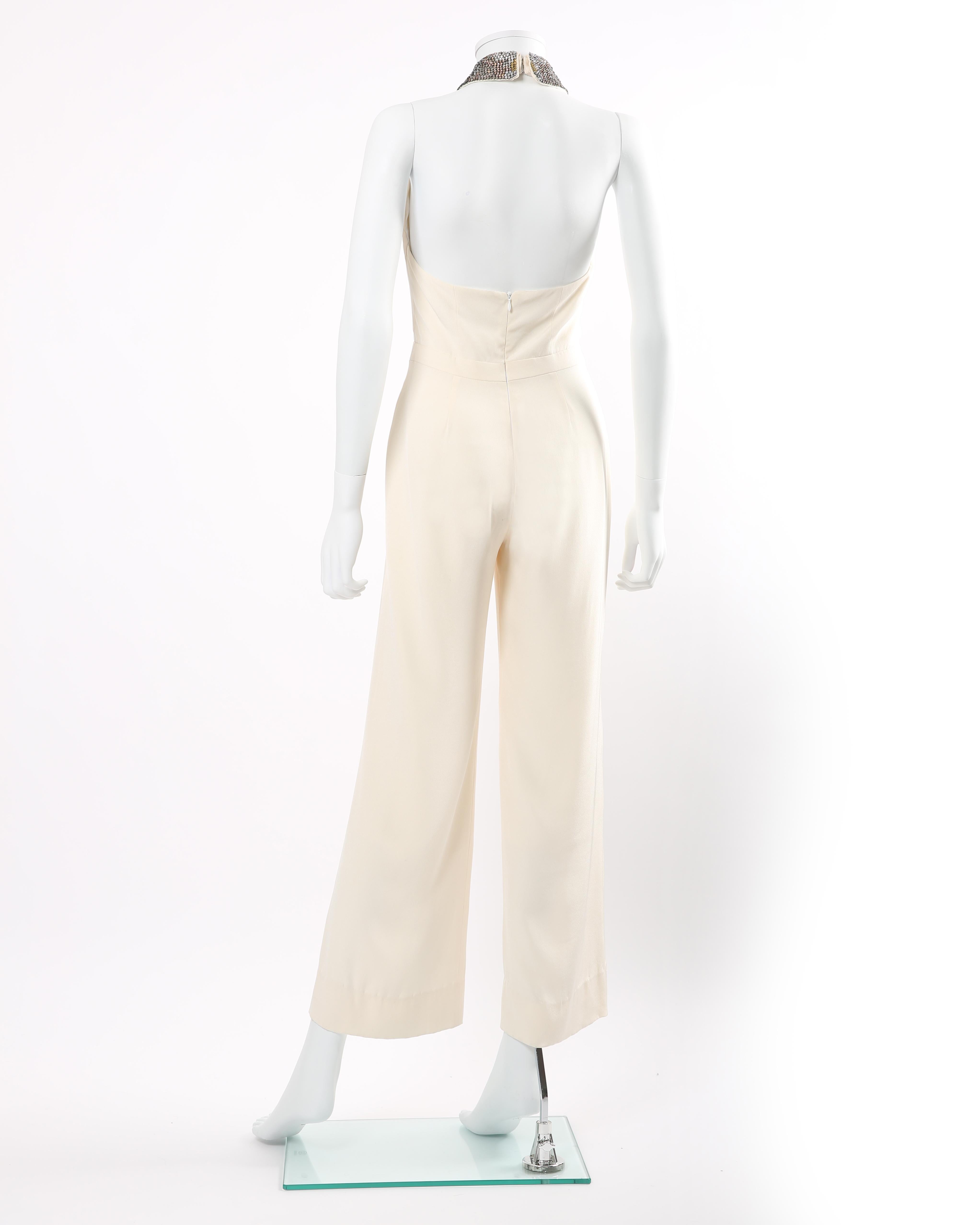 Beige Jenny Packham ivory cream crystal jewel collar backless wedding dress jumpsuit For Sale