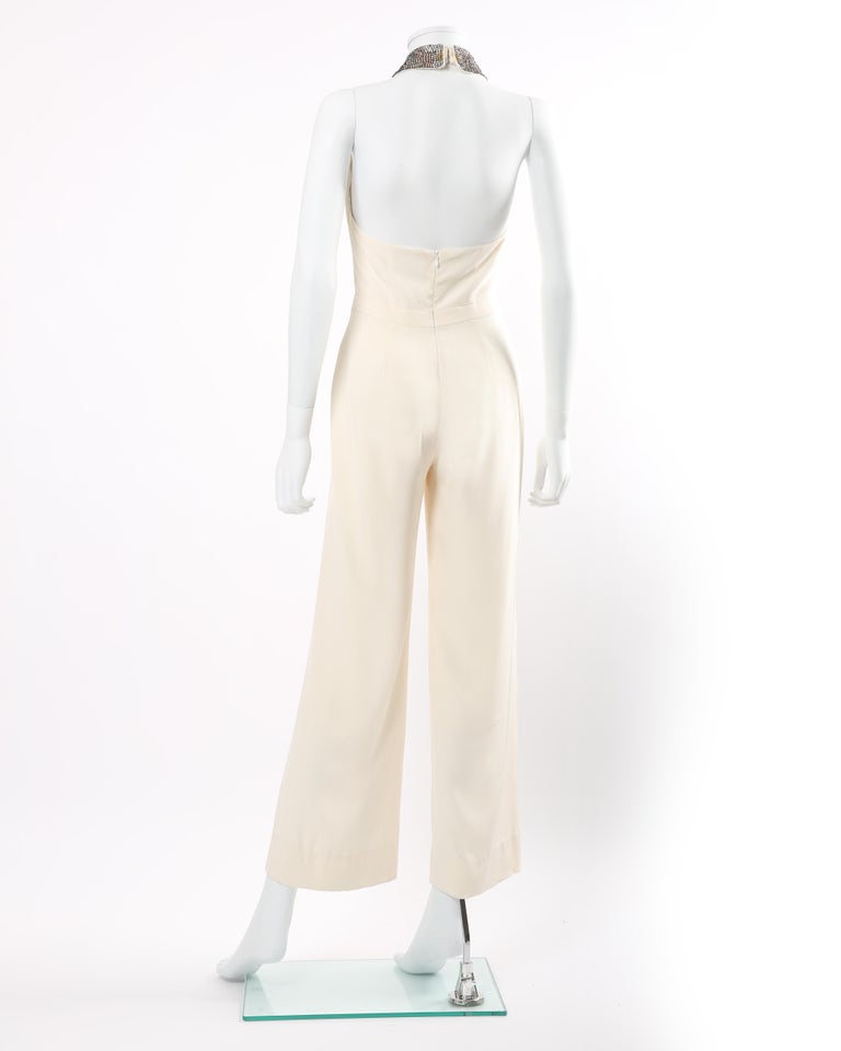 Jenny Packham ivory cream crystal jewel collar backless wedding dress jumpsuit For Sale 1