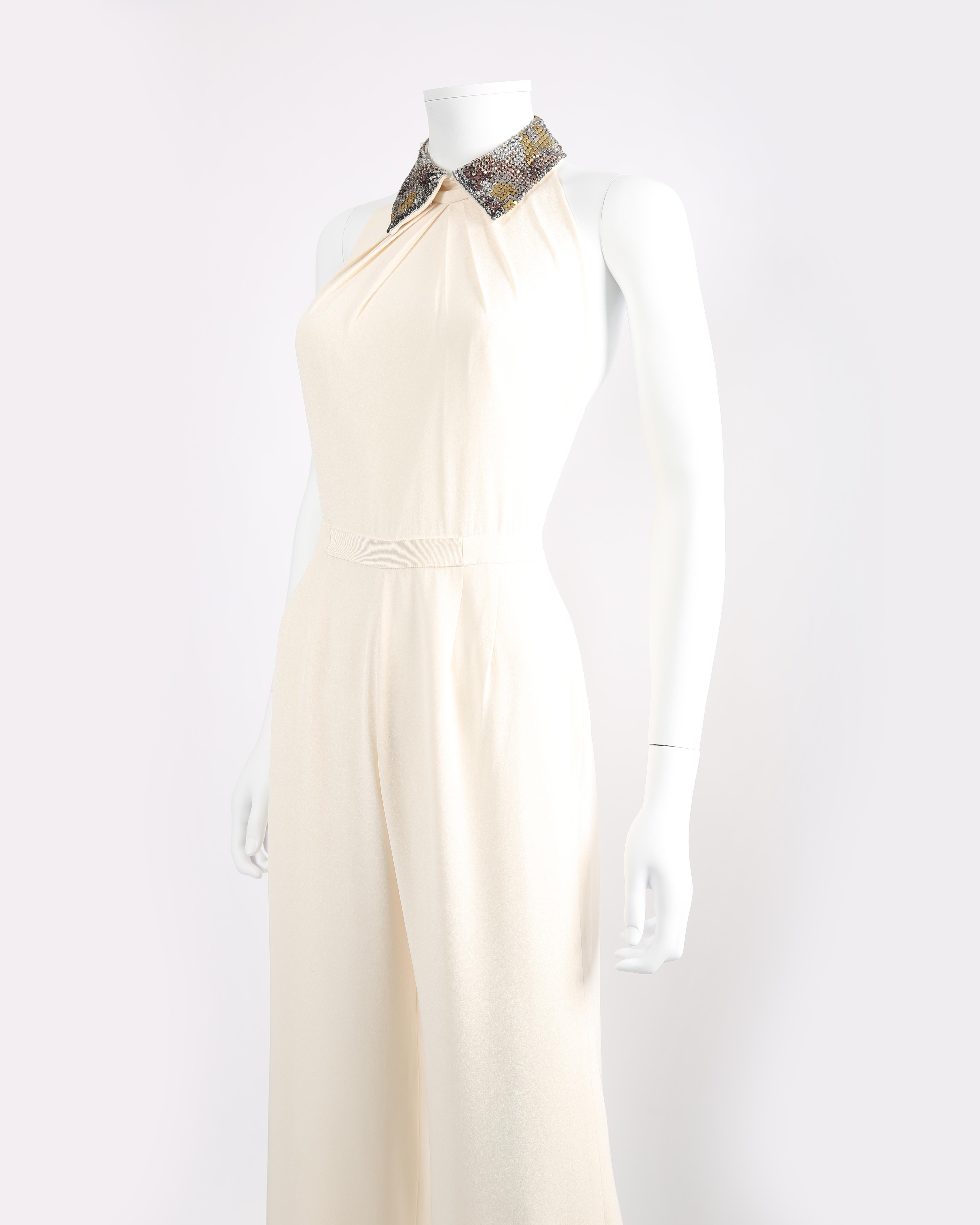 Jenny Packham ivory cream crystal jewel collar backless wedding dress jumpsuit In Good Condition For Sale In Paris, FR