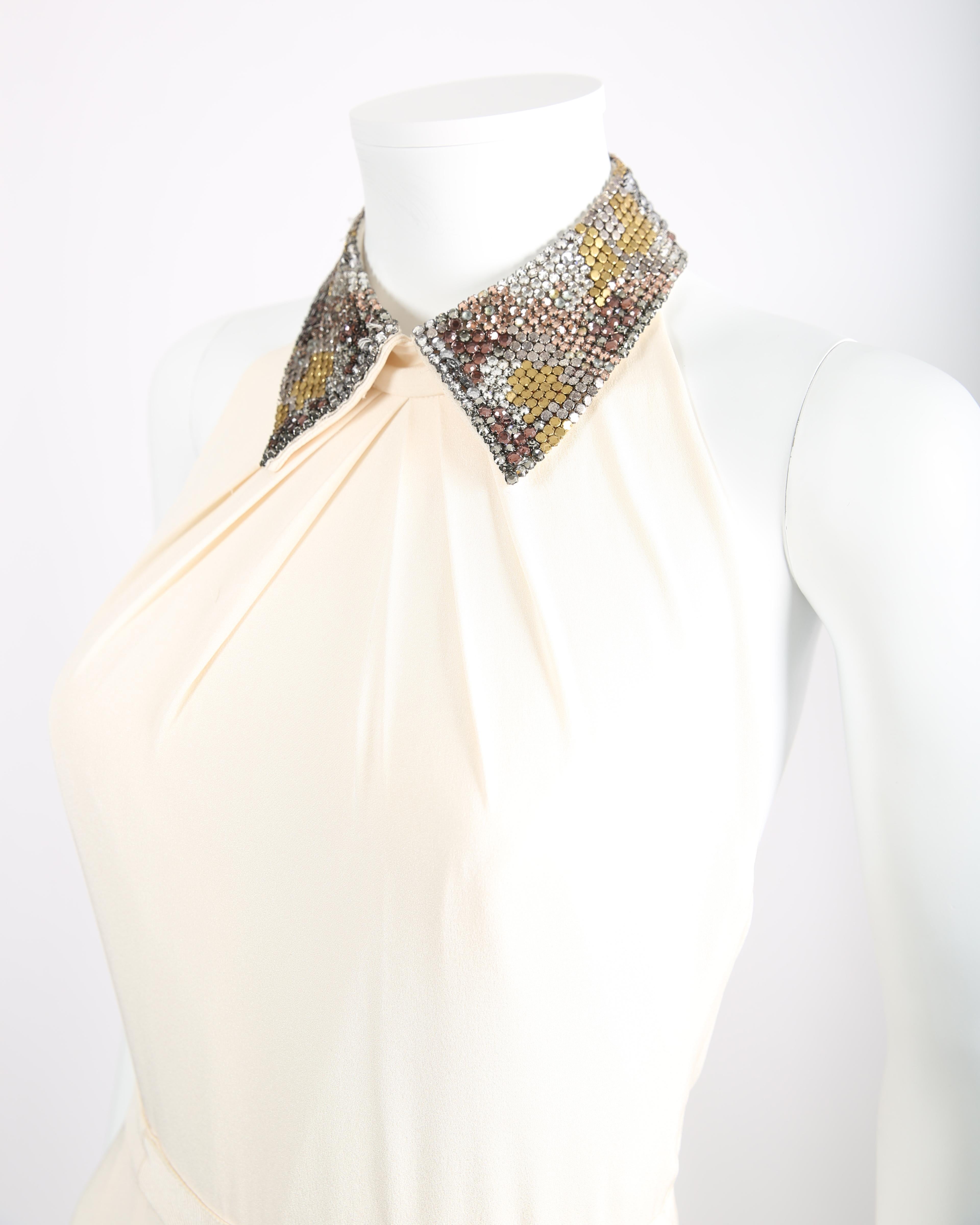 Women's Jenny Packham ivory cream crystal jewel collar backless wedding dress jumpsuit For Sale