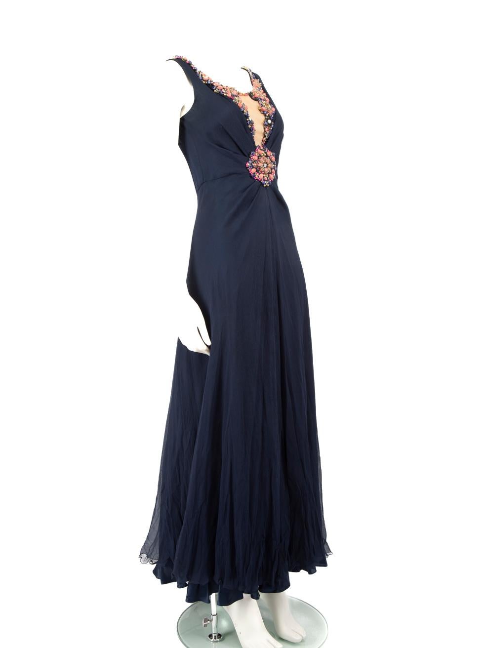 CONDITION is Very good. Minimal wear to dress is evident. Missing embellishments on the shoulders, light discolouration near the armholes on this used Jenny Packham designer resale item.
 
 Details
 Navy
 Silk
 Dress
 Maxi
 Embellished front and