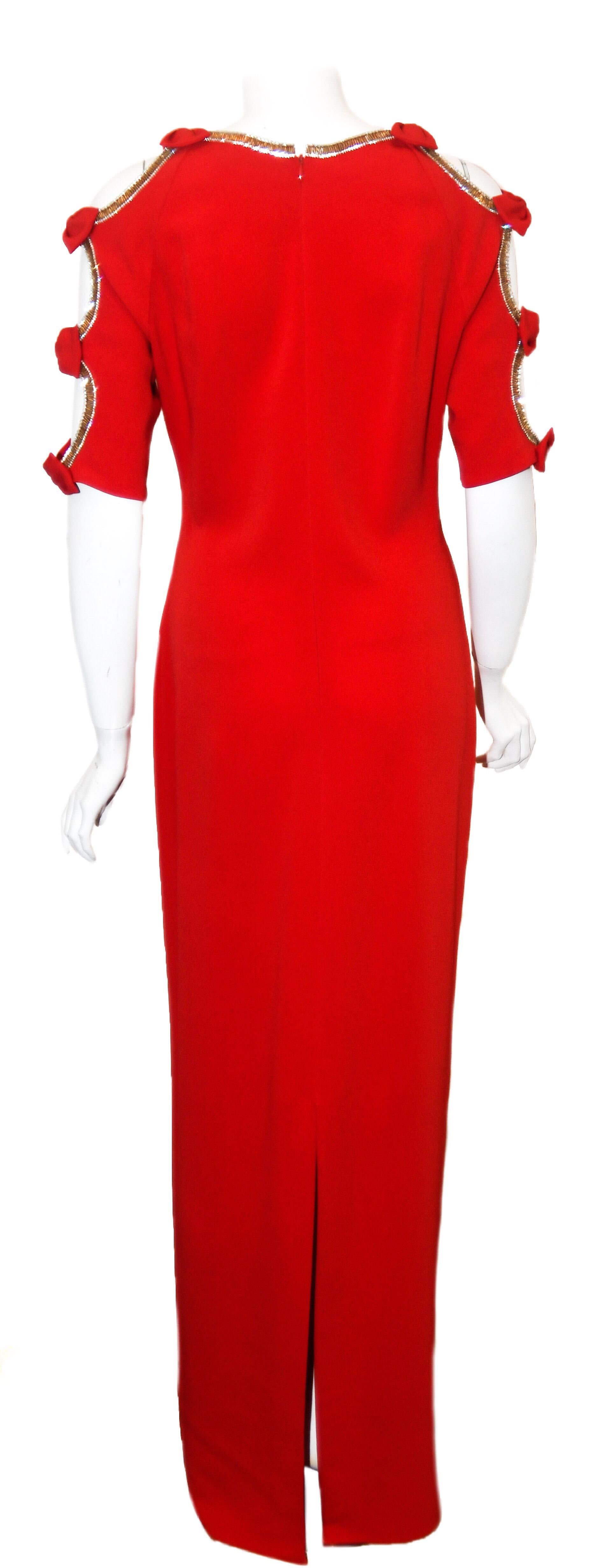 Jenny Packham Red Gown W/ Cold Shoulder Embellished Sleeves In Excellent Condition For Sale In Palm Beach, FL