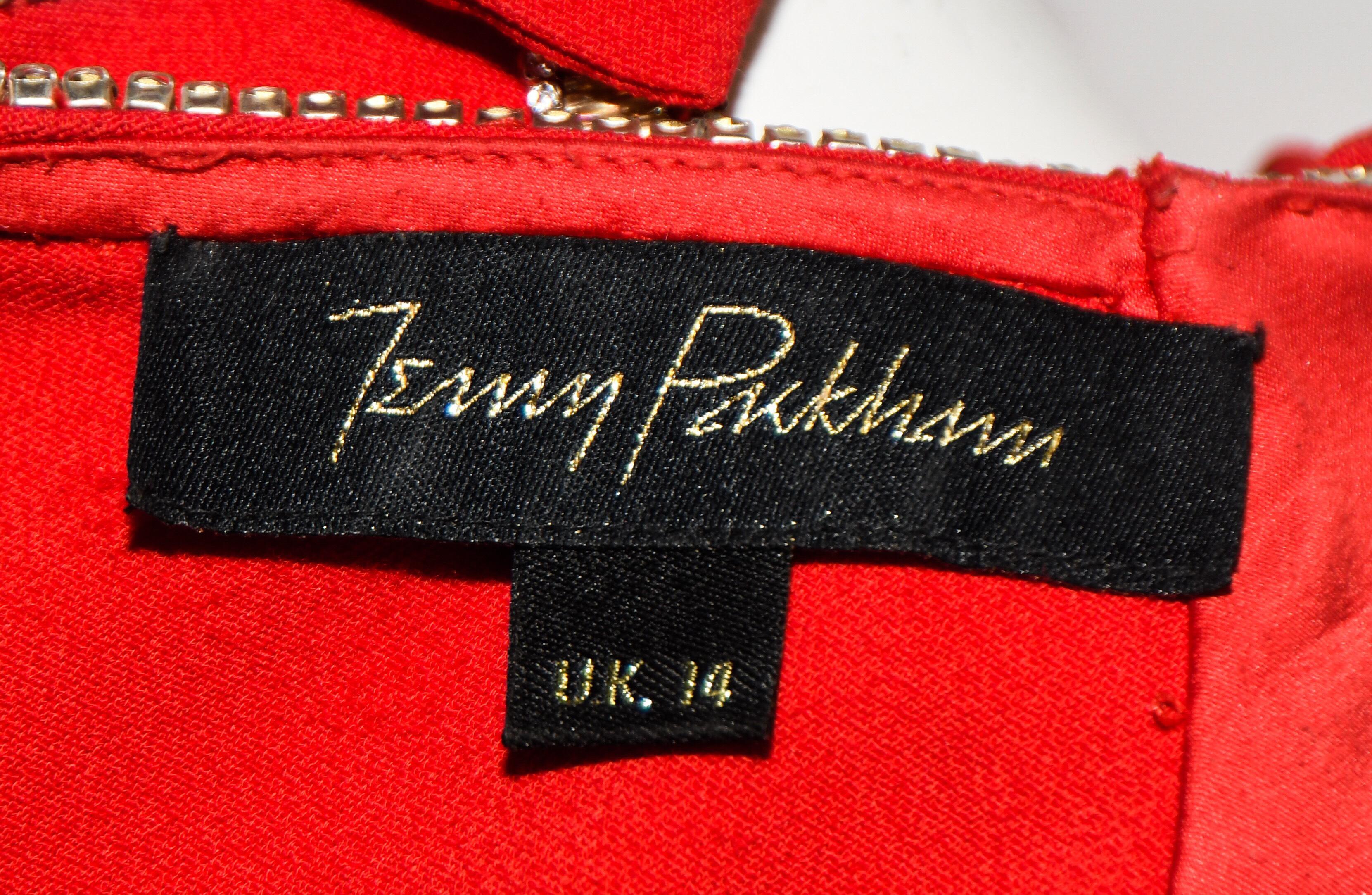 Jenny Packham Red Gown W/ Cold Shoulder Embellished Sleeves For Sale 1
