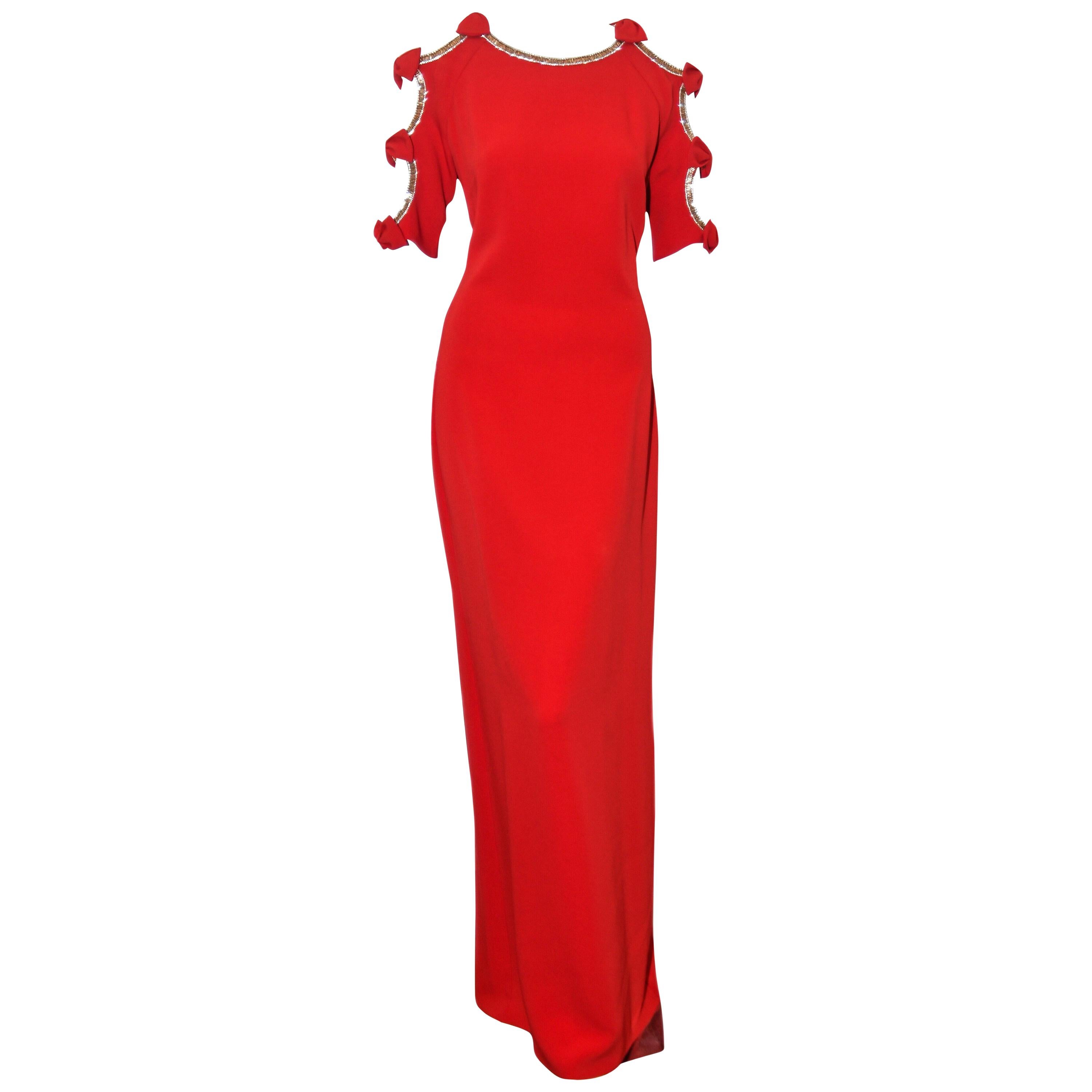 Jenny Packham Red Gown W/ Cold Shoulder Embellished Sleeves For Sale