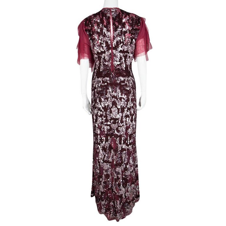 Jenny Packham Red Sequin Embellished Ruffled Sleeve Maxi Dress L For ...