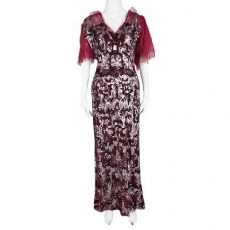 Jenny Packham Maxi Vestido Rojo de Lentejuelas con Mangas Volantes L Negro en venta