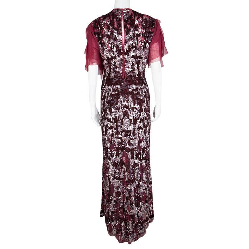 Jenny Packham Red Sequin Embellished Ruffled Sleeve Maxi Dress L In Good Condition For Sale In Dubai, Al Qouz 2