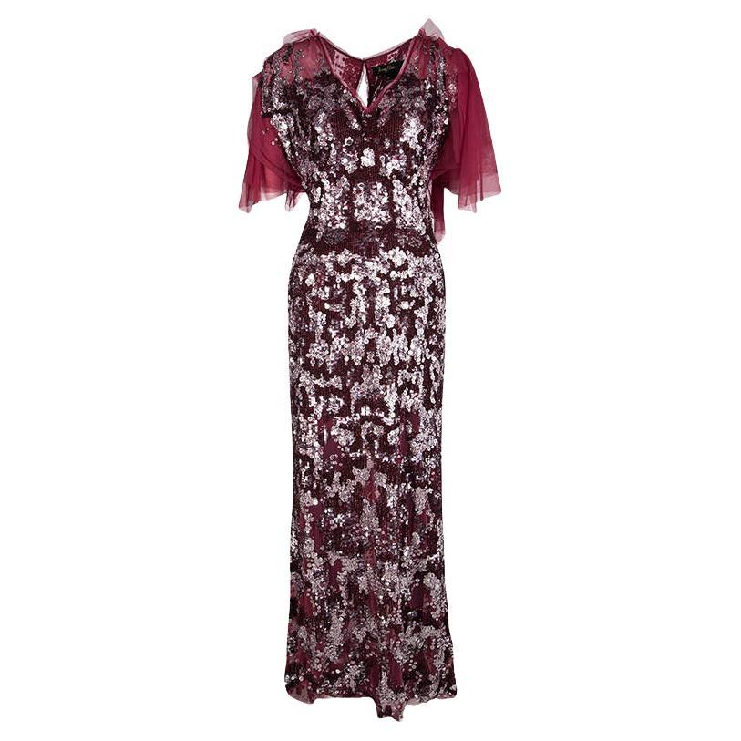 Jenny Packham Red Sequin Embellished Ruffled Sleeve Maxi Dress L For Sale