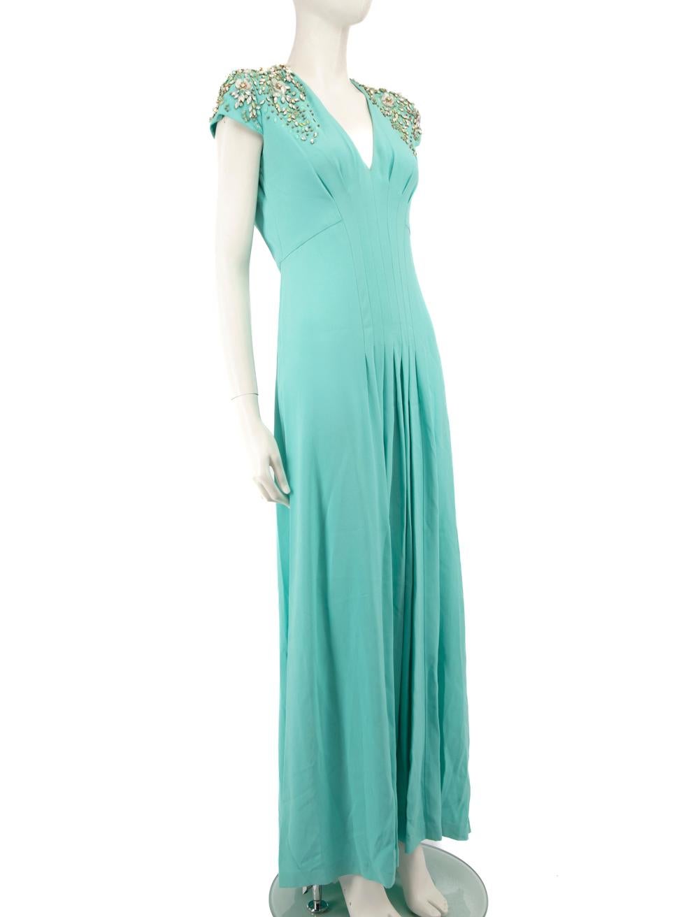 CONDITION is Very good. Minimal wear to dress is evident. Minimal wear to hemline. Light marks to the top front, front hemline and inner hemline of the dress. Loose stitching and missing embellishment on both shoulders and back on this used Jenny