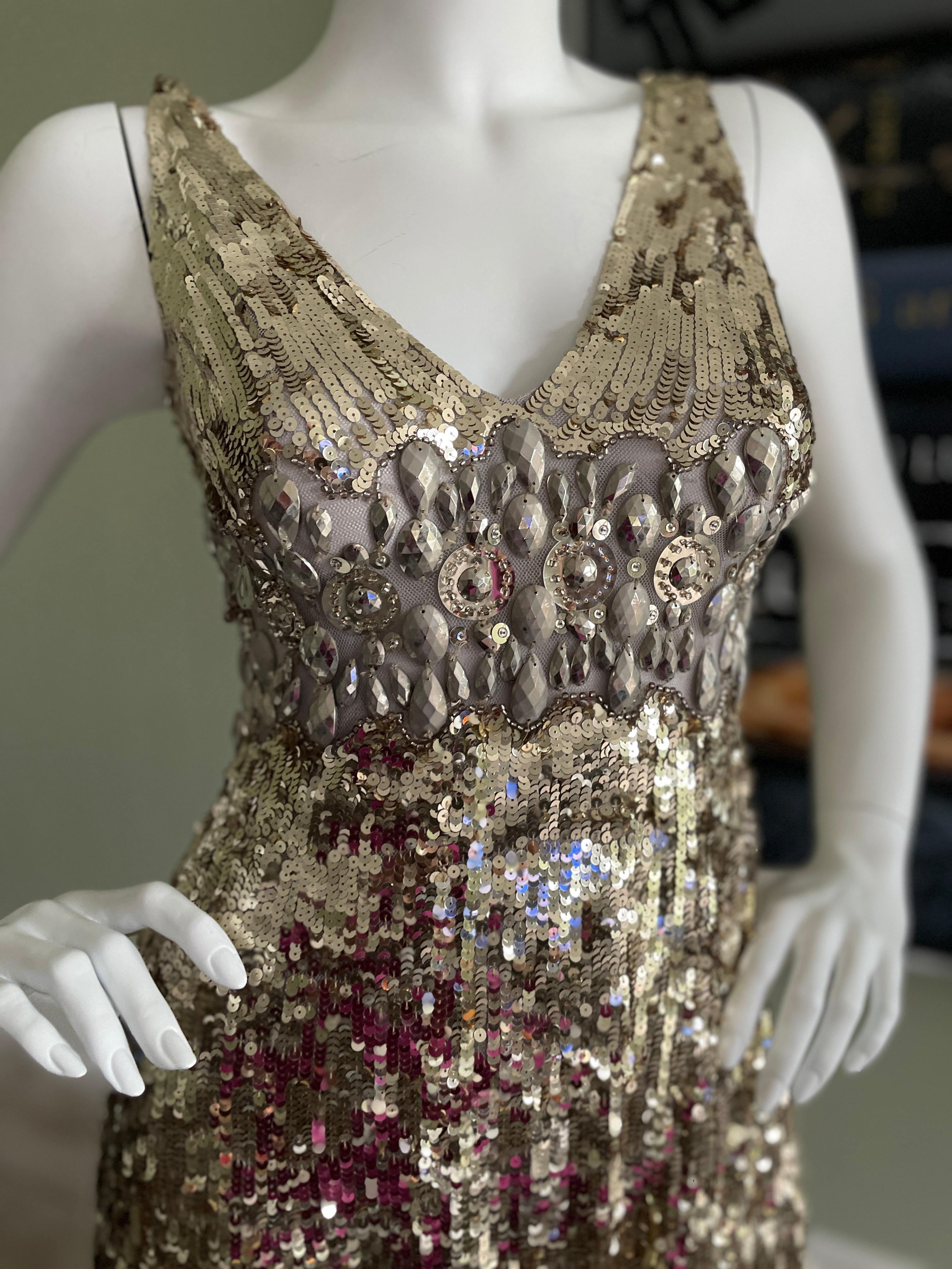 Jenny Packham Vintage Gold Sequin Embellished Sleeveless Cocktail Dress In Good Condition For Sale In Cloverdale, CA