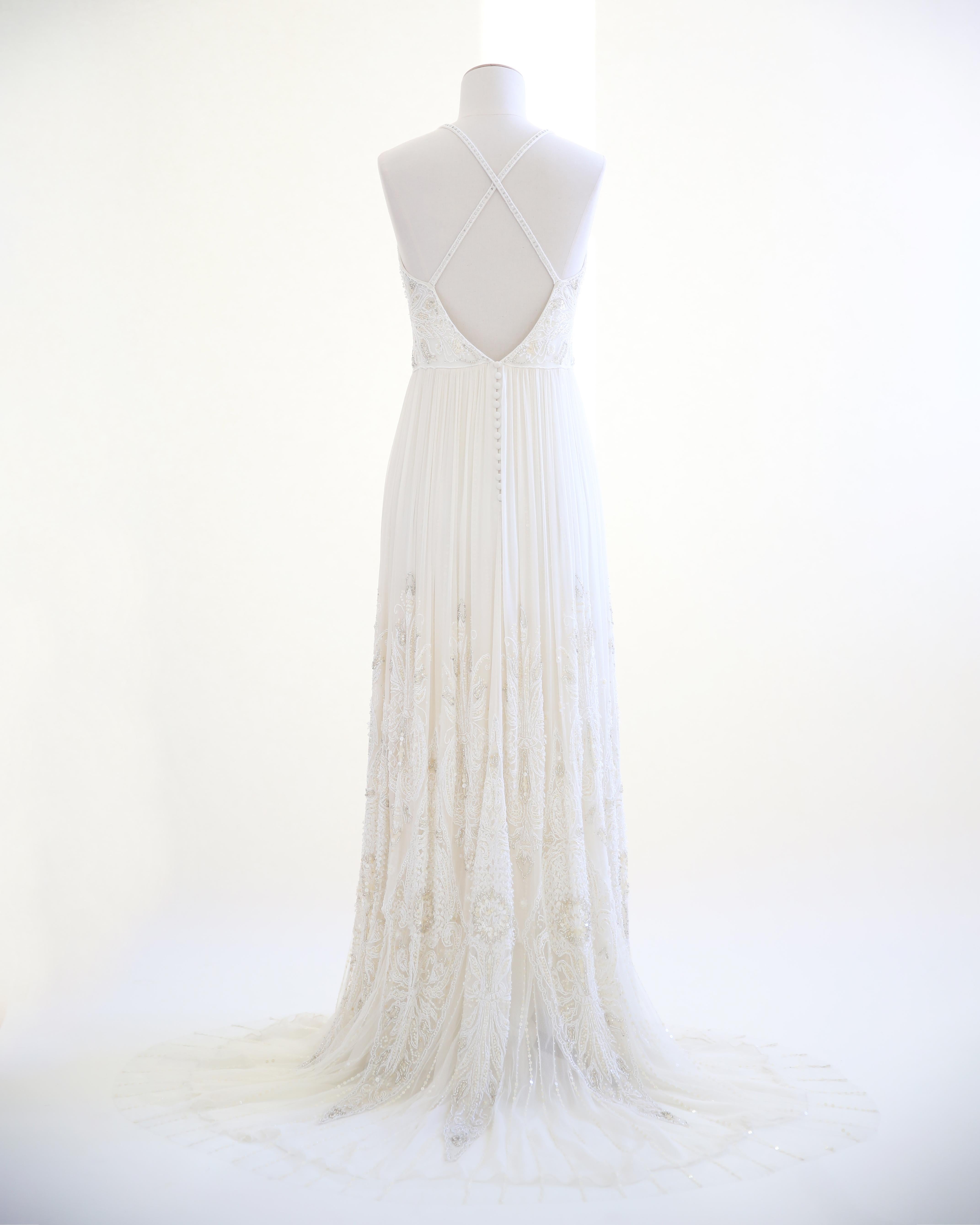 Jenny Packham Vintage Elfenbein Cremefarbenes, perlenbesetztes, verziertes Hochzeitskleid aus Tüll im Angebot 5