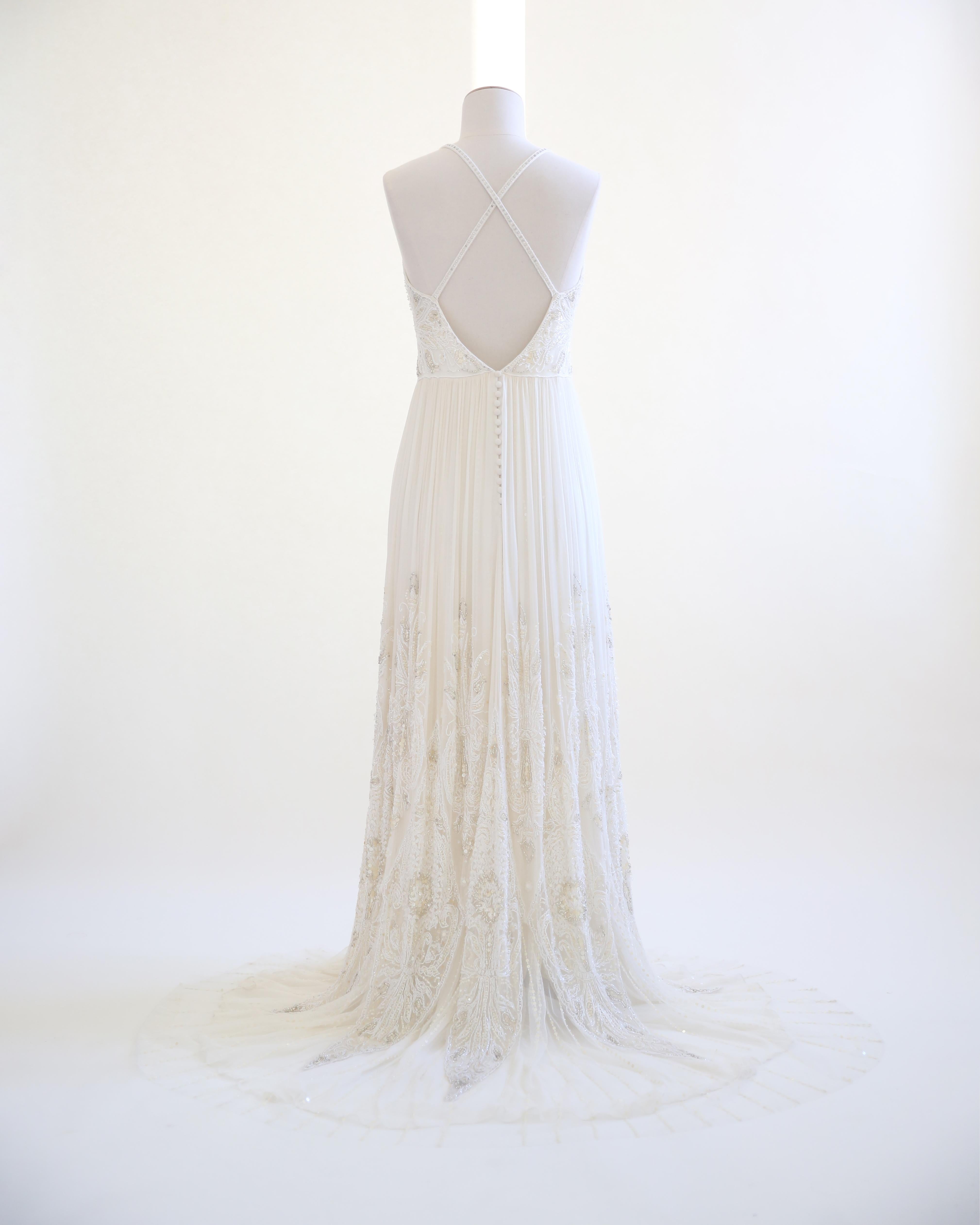 Jenny Packham Vintage Elfenbein Cremefarbenes, perlenbesetztes, verziertes Hochzeitskleid aus Tüll im Angebot 6