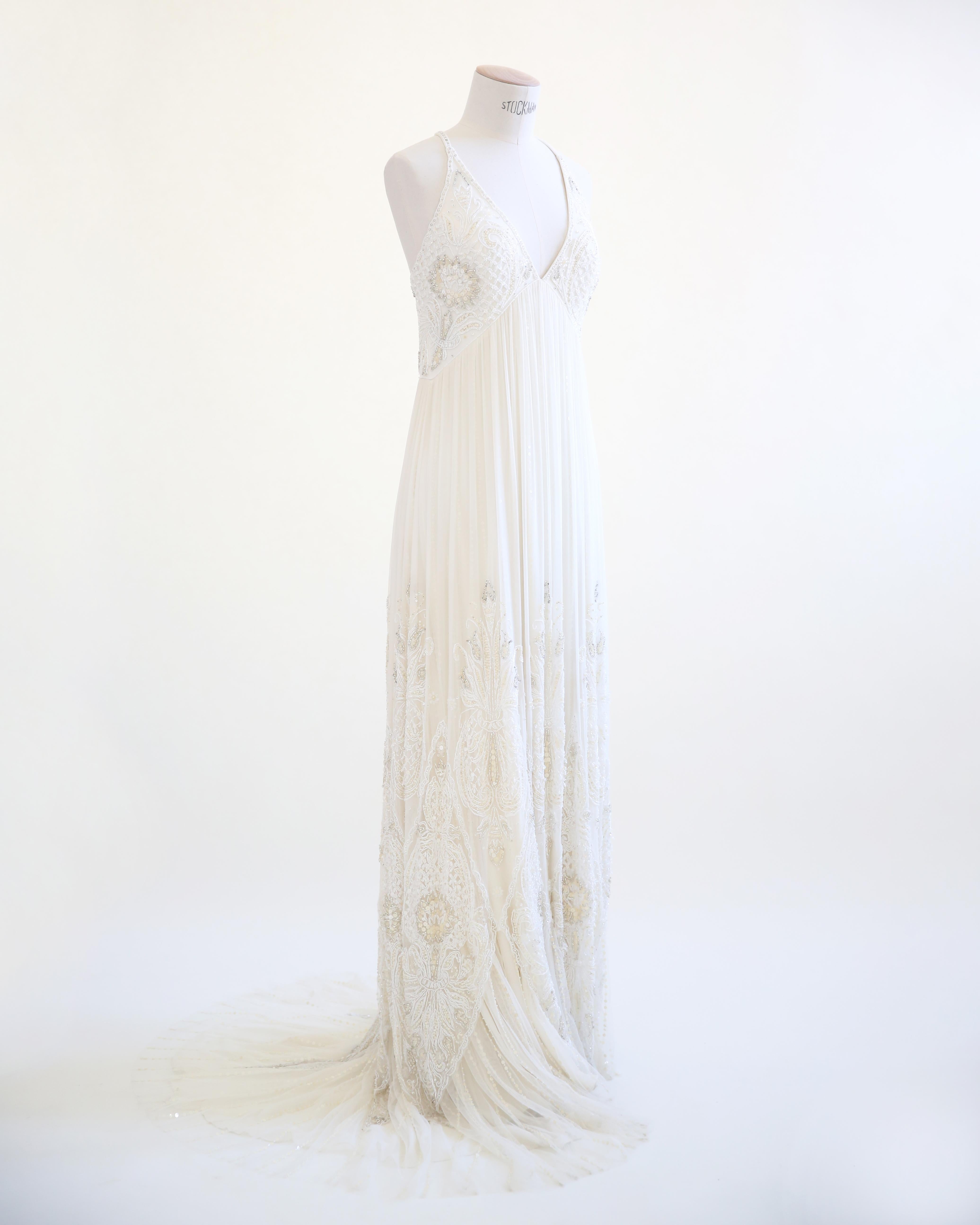 Jenny Packham Vintage Elfenbein Cremefarbenes, perlenbesetztes, verziertes Hochzeitskleid aus Tüll Damen im Angebot