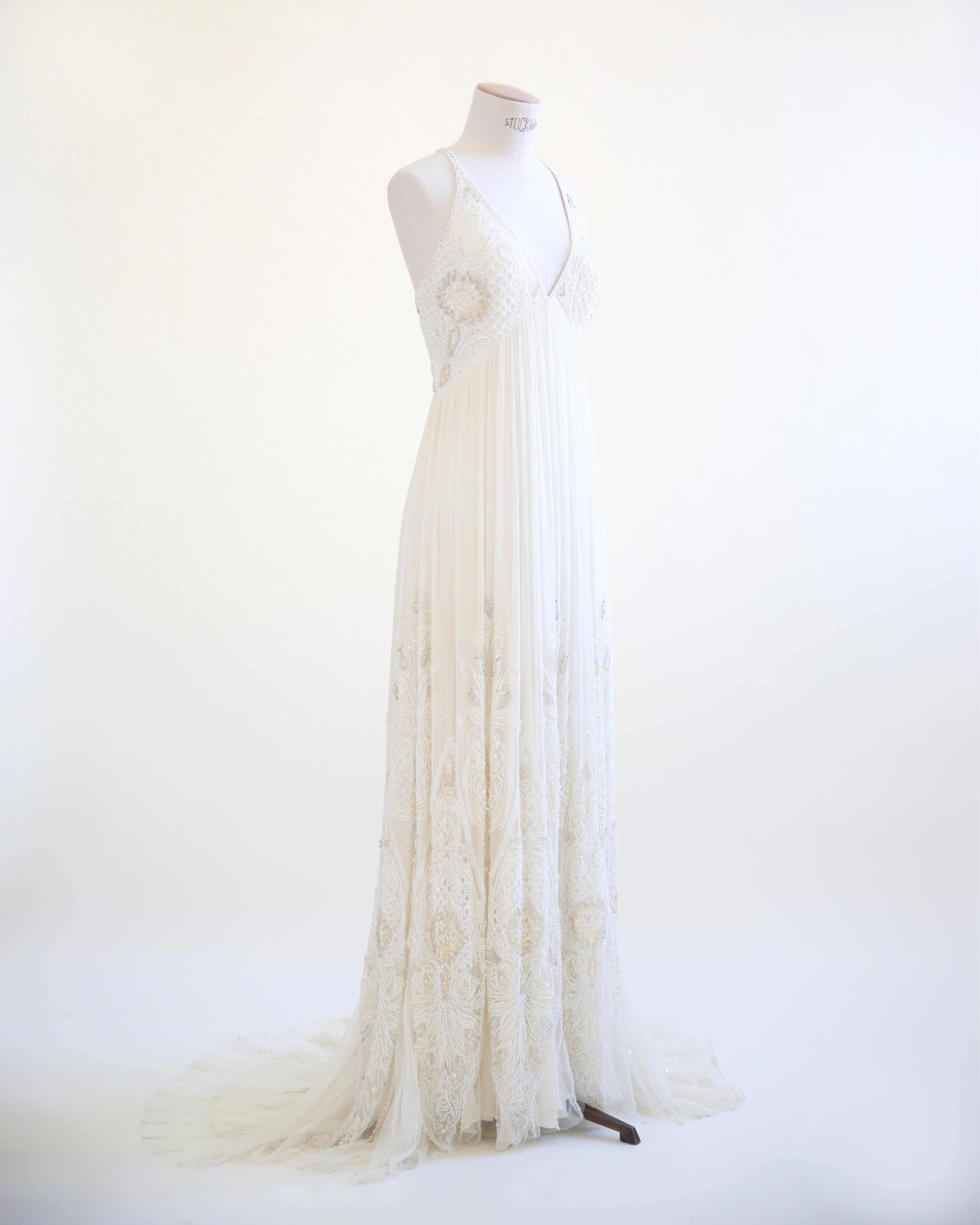 Jenny Packham Vintage Elfenbein Cremefarbenes, perlenbesetztes, verziertes Hochzeitskleid aus Tüll im Angebot 1