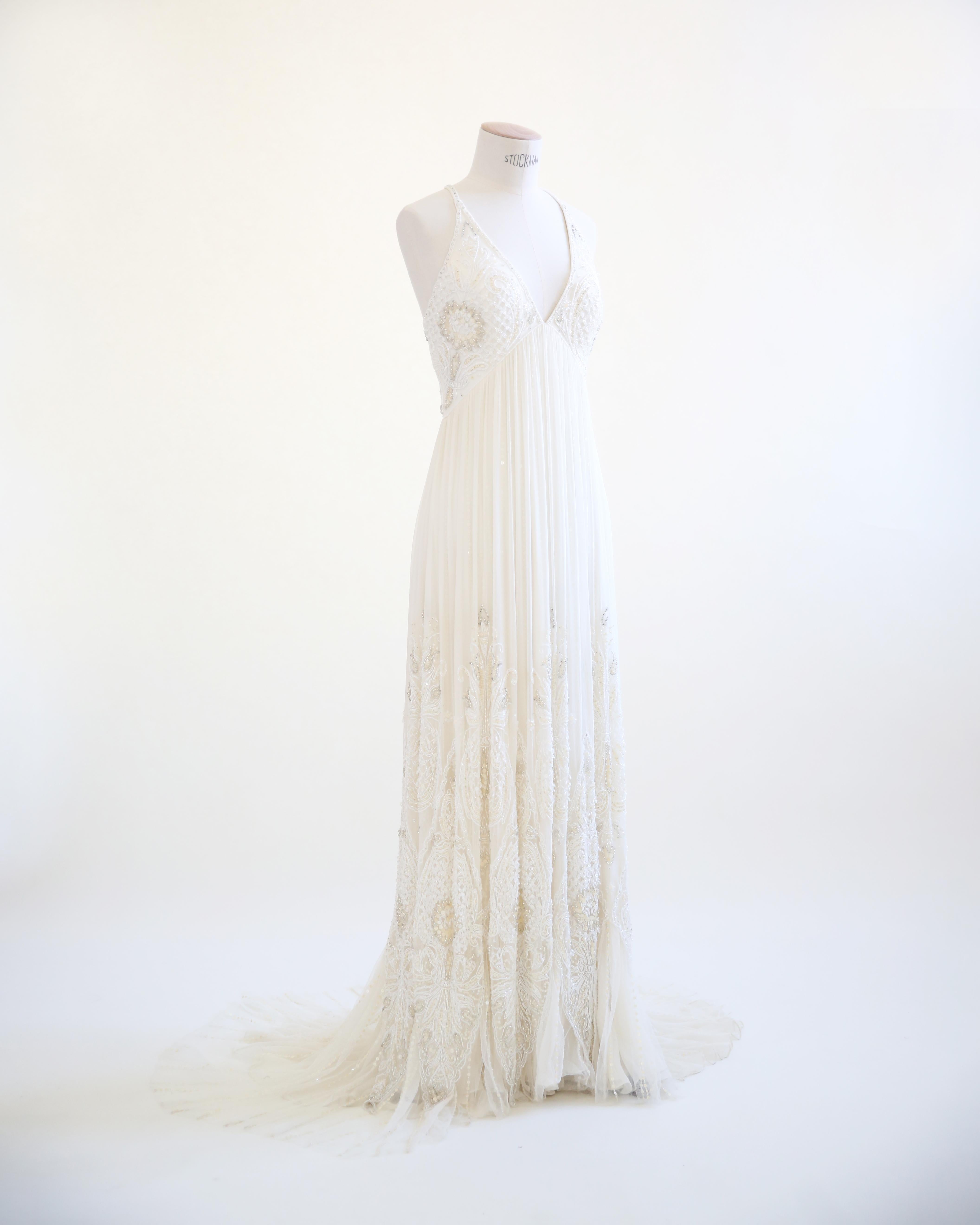 Jenny Packham Vintage Elfenbein Cremefarbenes, perlenbesetztes, verziertes Hochzeitskleid aus Tüll im Angebot 2