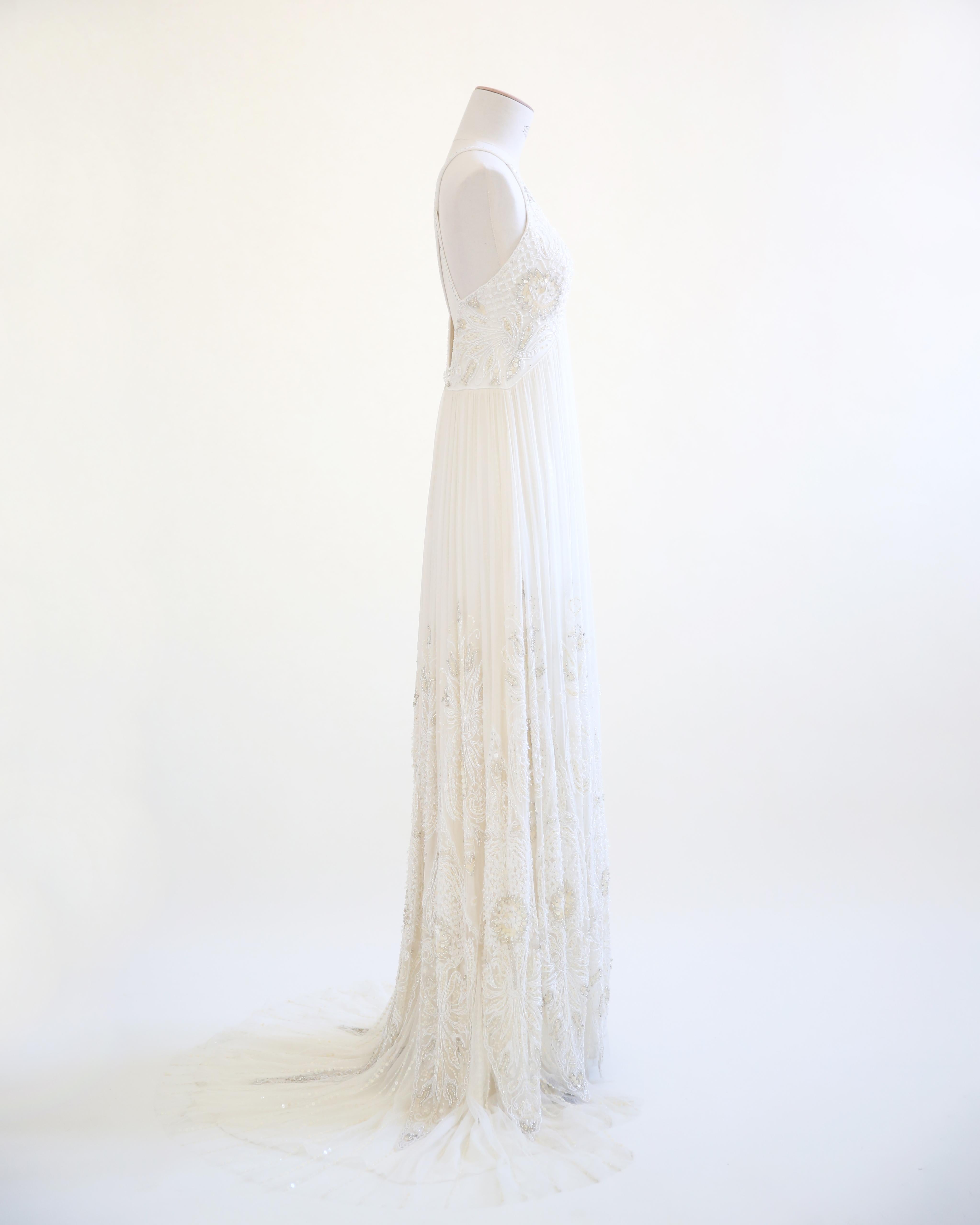 Jenny Packham Vintage Elfenbein Cremefarbenes, perlenbesetztes, verziertes Hochzeitskleid aus Tüll im Angebot 4