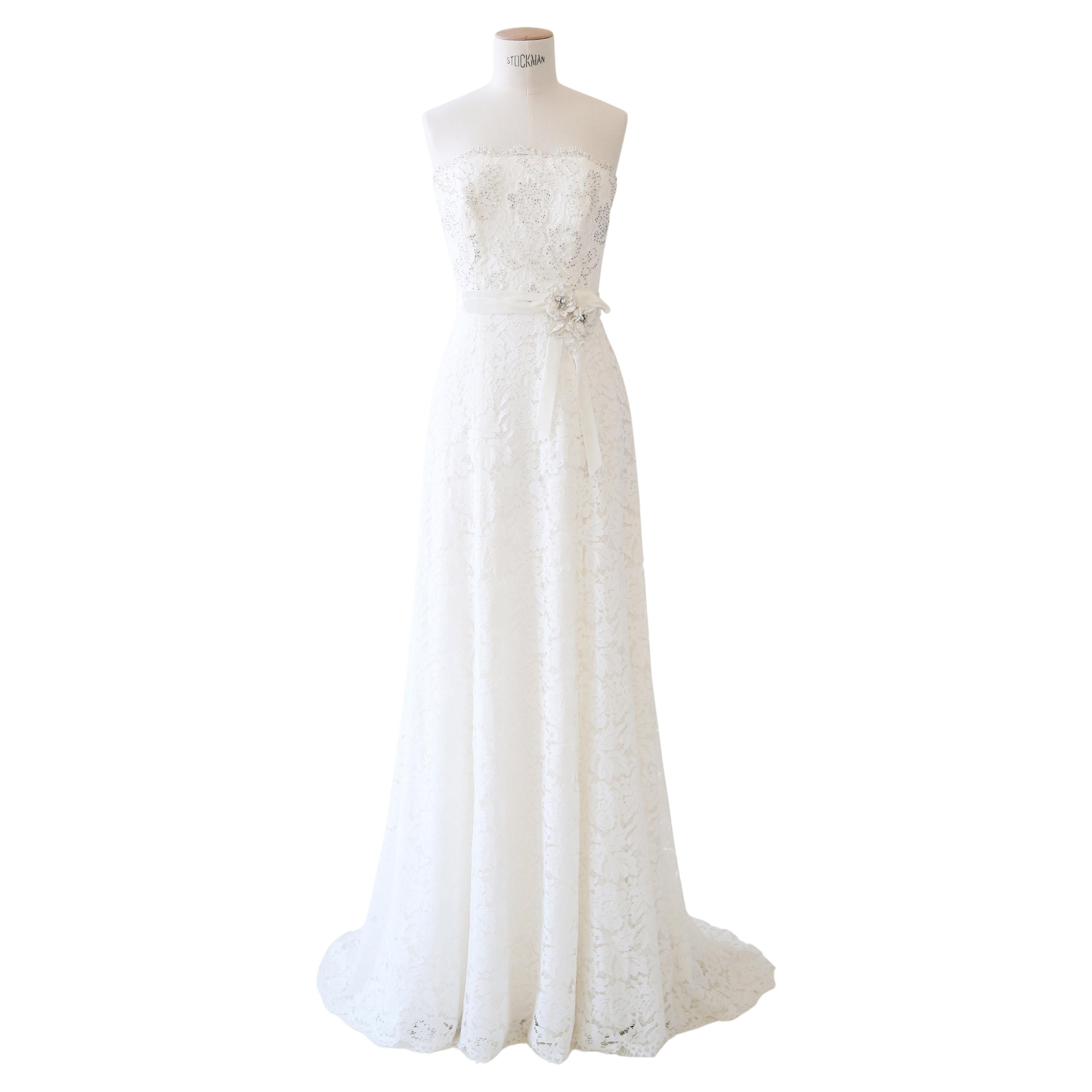 Jenny Packham vintage white ivory lace bead floral strapless wedding dress gown