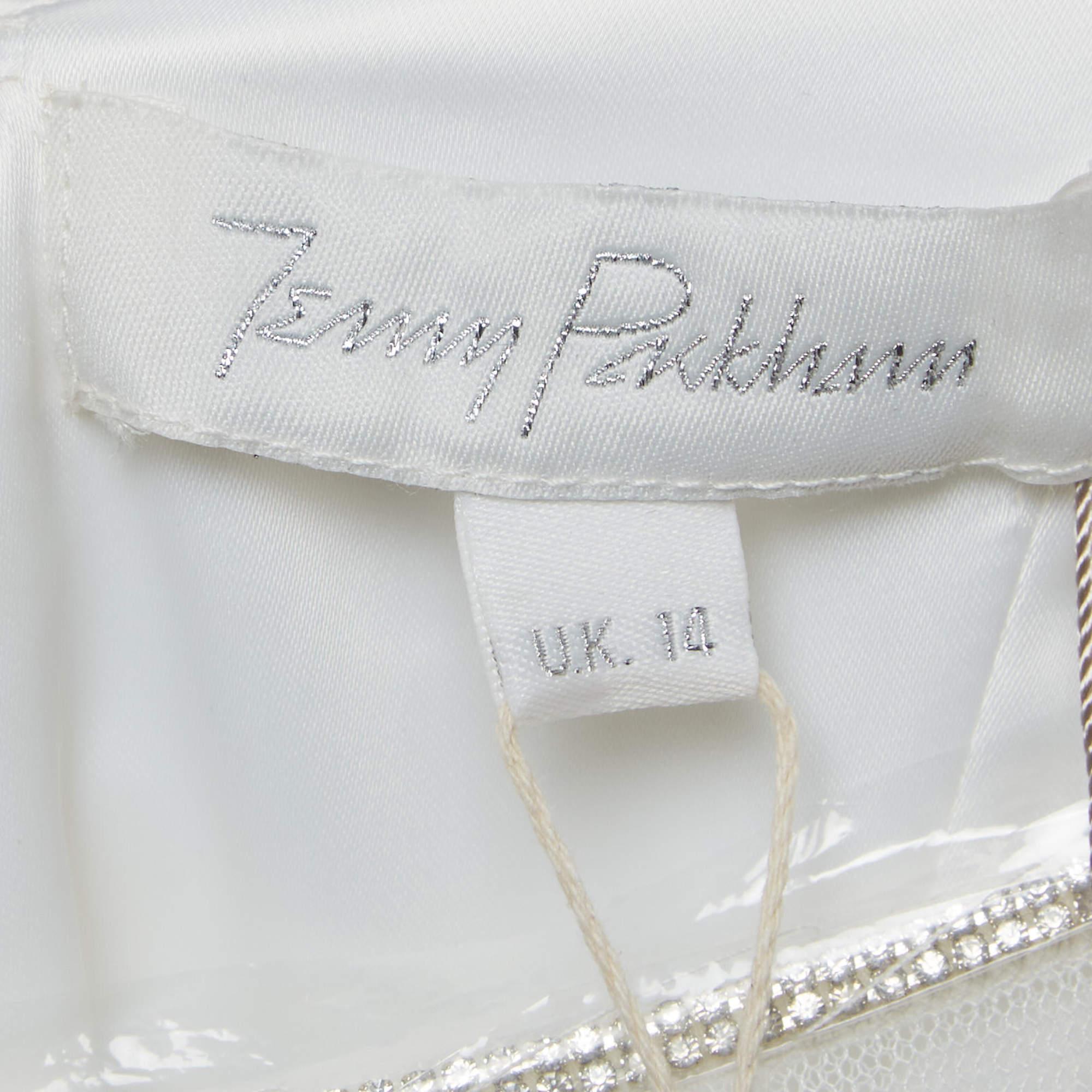 Women's Jenny Packham White Crystal Embellished Tulle and Crepe Tulip Midi Dress L For Sale
