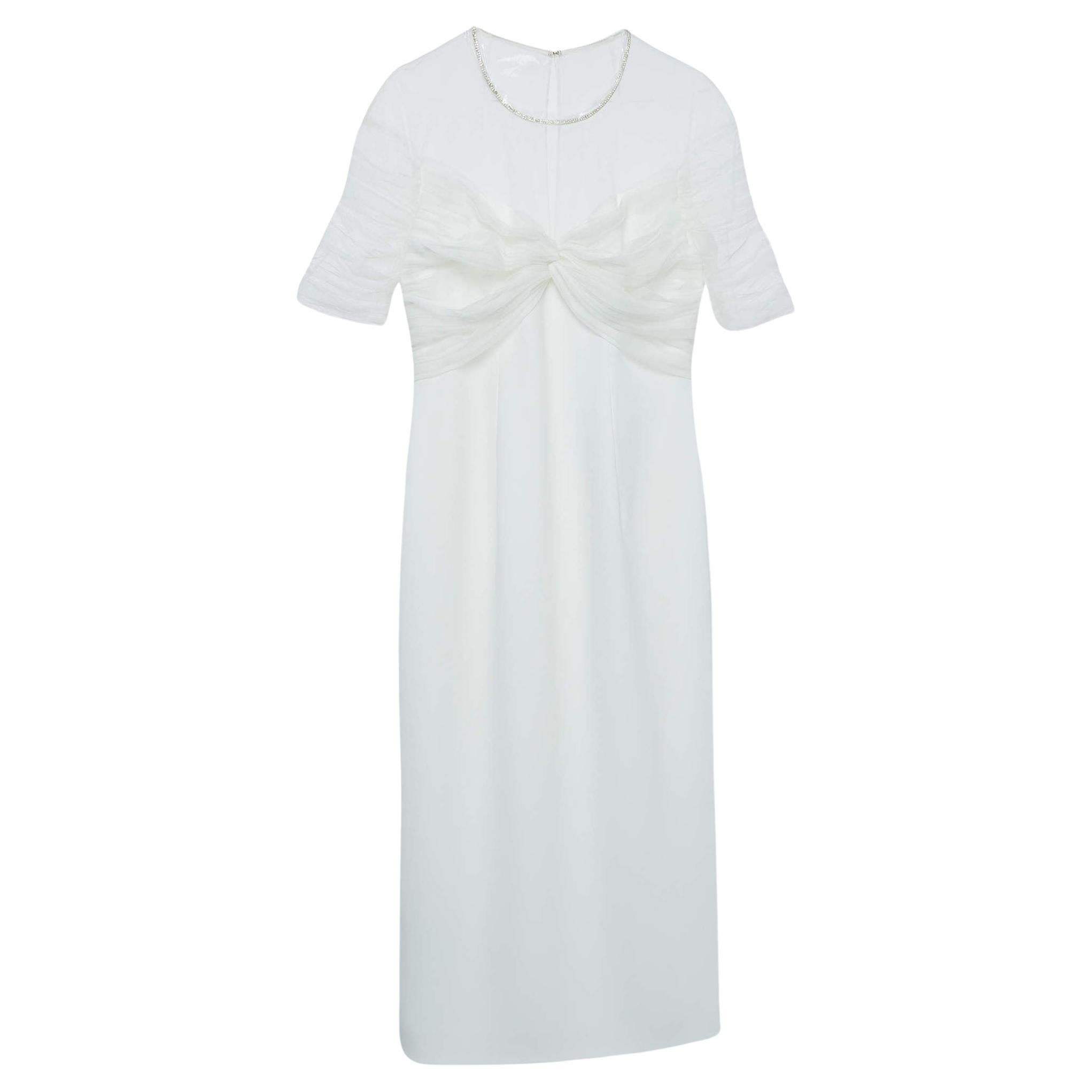Jenny Packham White Crystal Embellished Tulle and Crepe Tulip Midi Dress L For Sale