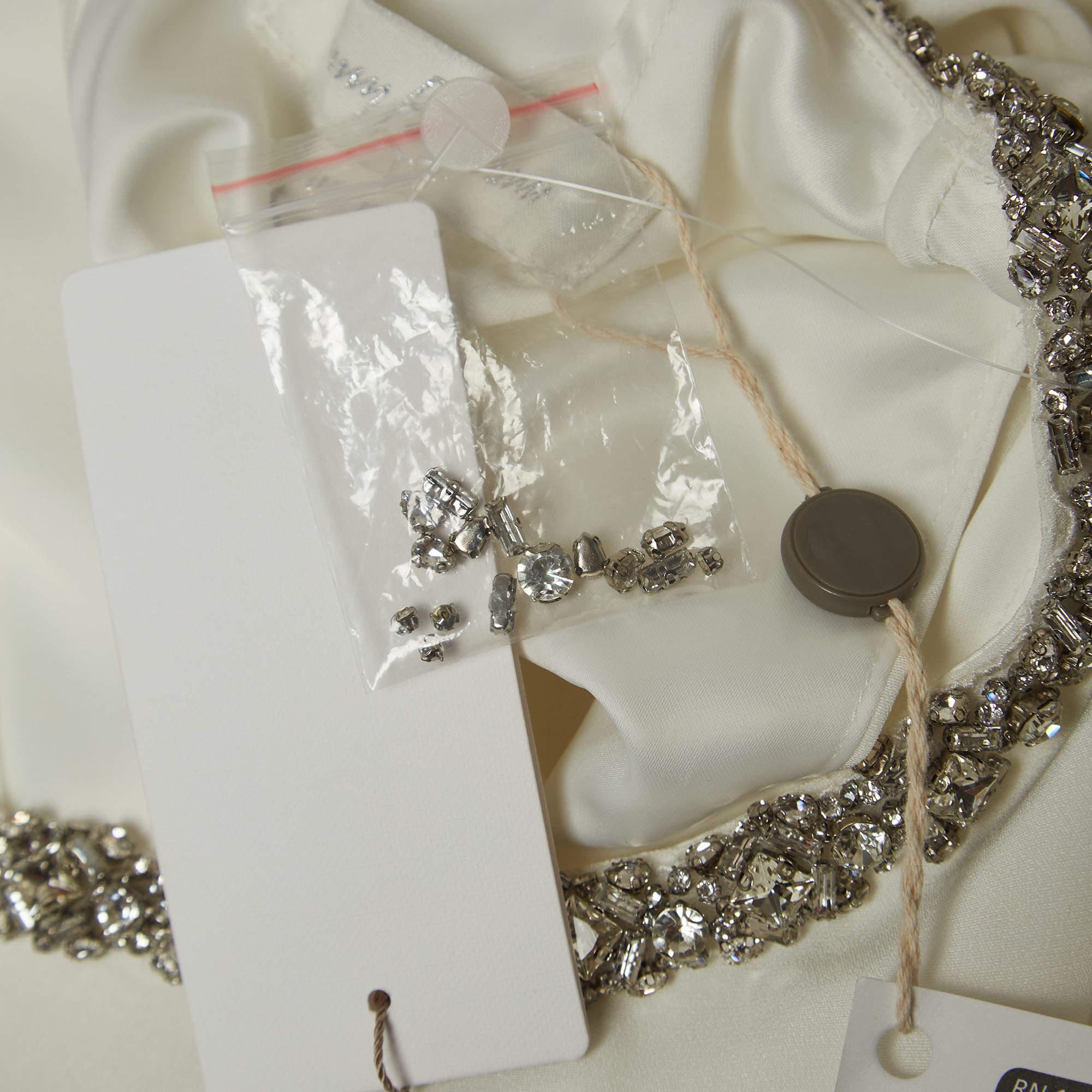 Women's Jenny Packham White Satin Crystal Embellished Neck Wedding Gown L For Sale