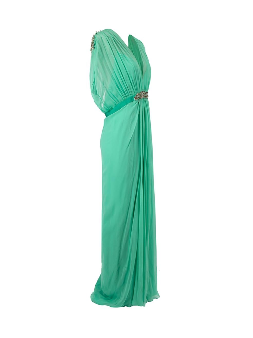 CONDITION is Never worn, with tags. No visible wear to dress is evident on this used Jenny Packham designer resale item.   Details  Mint Silk Maxi gown Plunge neckline Embellished gemstones design Slide clasp fastening with large keyhole back