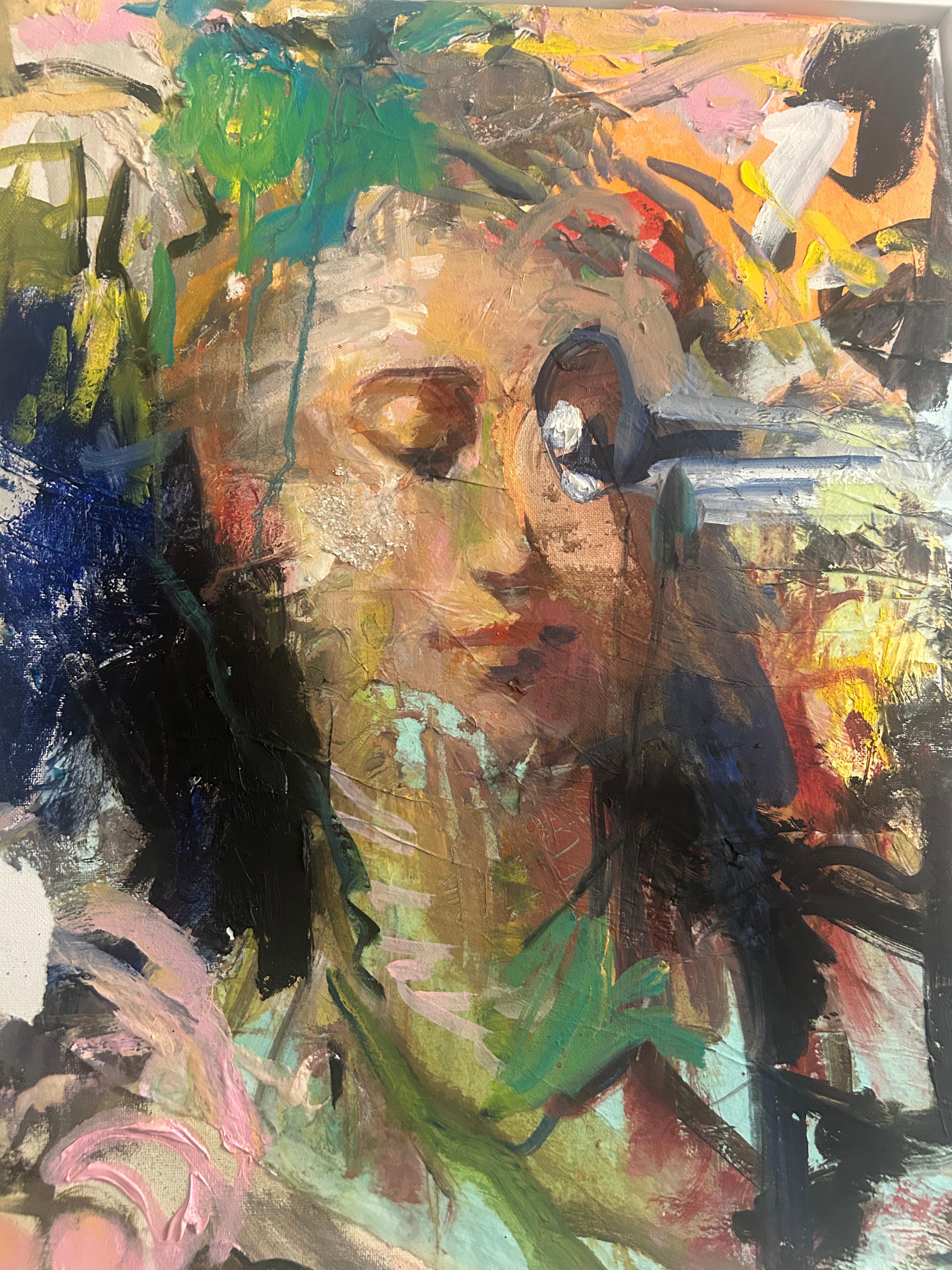 Tableau encadré en Mixed Media Colorful Portait Painting : The Witness - Impressionnisme abstrait Art par Jenny Reinhardt 