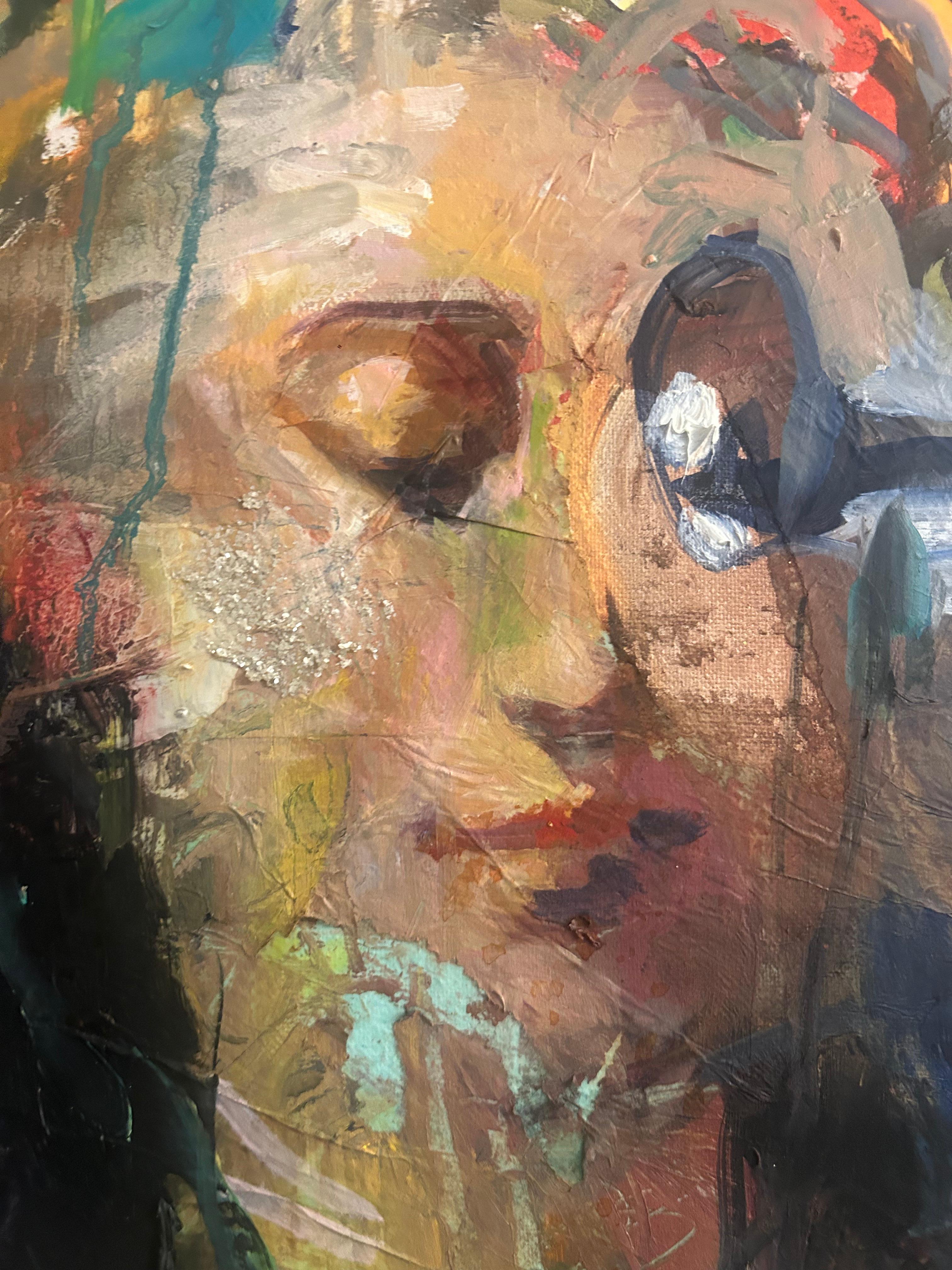 Tableau encadré en Mixed Media Colorful Portait Painting : The Witness en vente 6