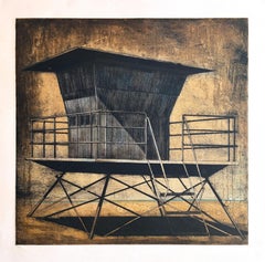 „Beach Hut“, zeitgenössische Architektur-Kaltnadelradierung von Jenny Robinson