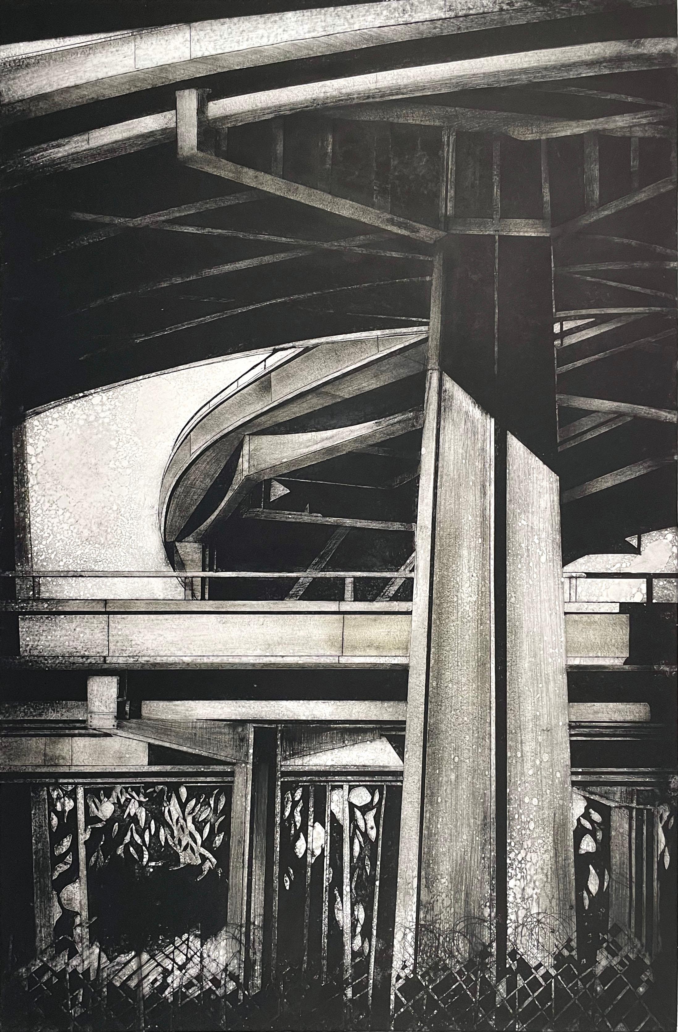 Unique monotype. Signé et numéroté par l'artiste. Monumental image of a freeway overpass.

In October 2019 Robinson received the Mario Avati Gravure Laureate Award from the Academie des Beaux Arts in Paris. The award is given to an artist who
