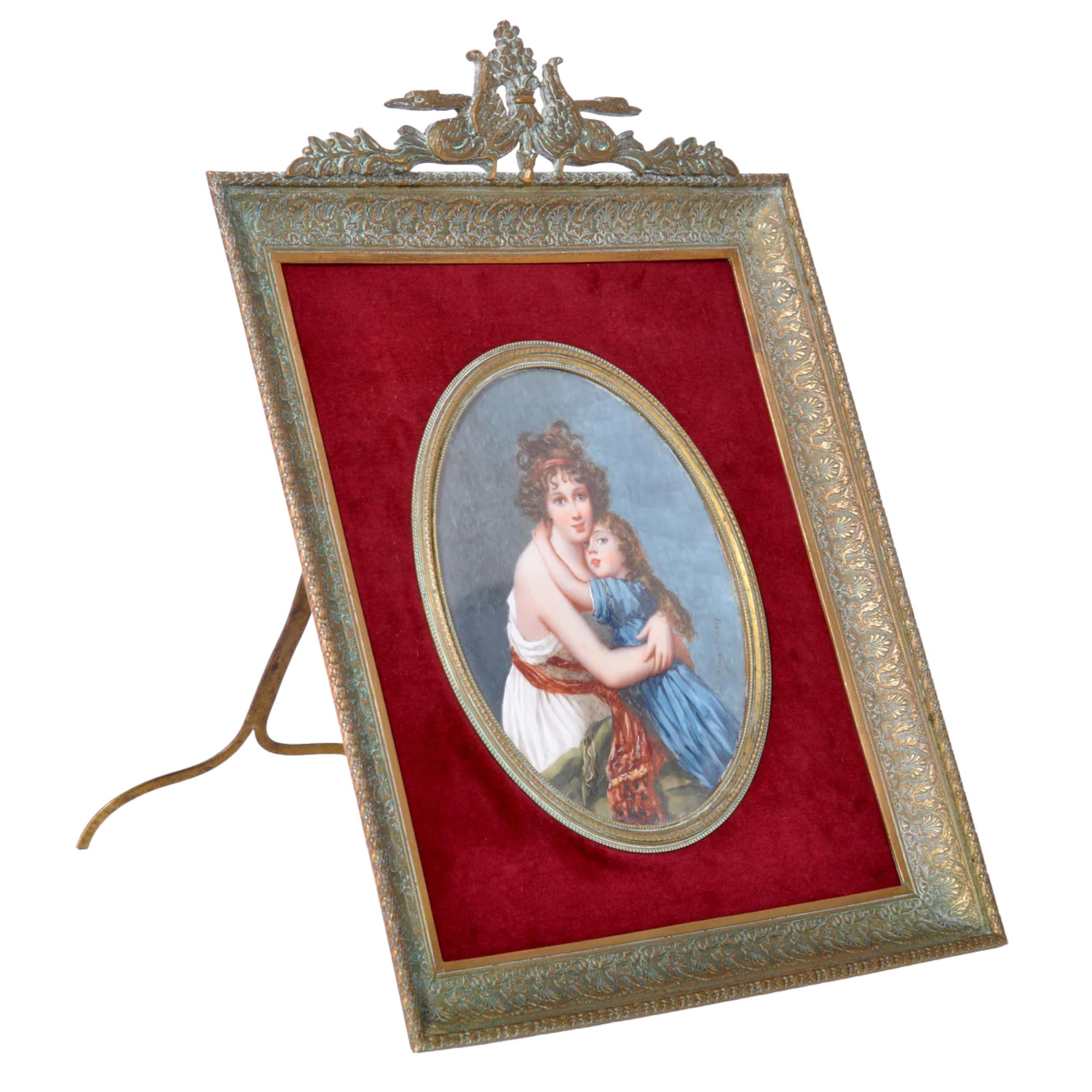 Antique French Ritratto Miniatura Pittura ad olio Vigee Lebrun Madre Figlia 1860 - Painting di Jenny Savy