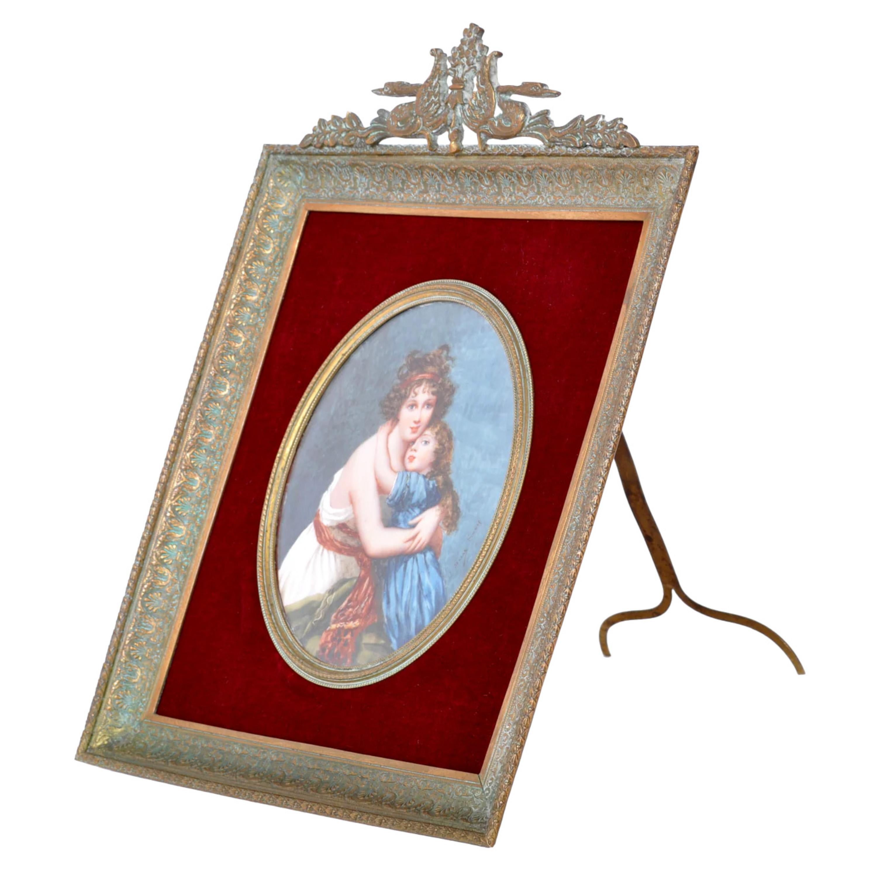 Antique French Ritratto Miniatura Pittura ad olio Vigee Lebrun Madre Figlia 1860 - Figurative Painting Marrone di Jenny Savy