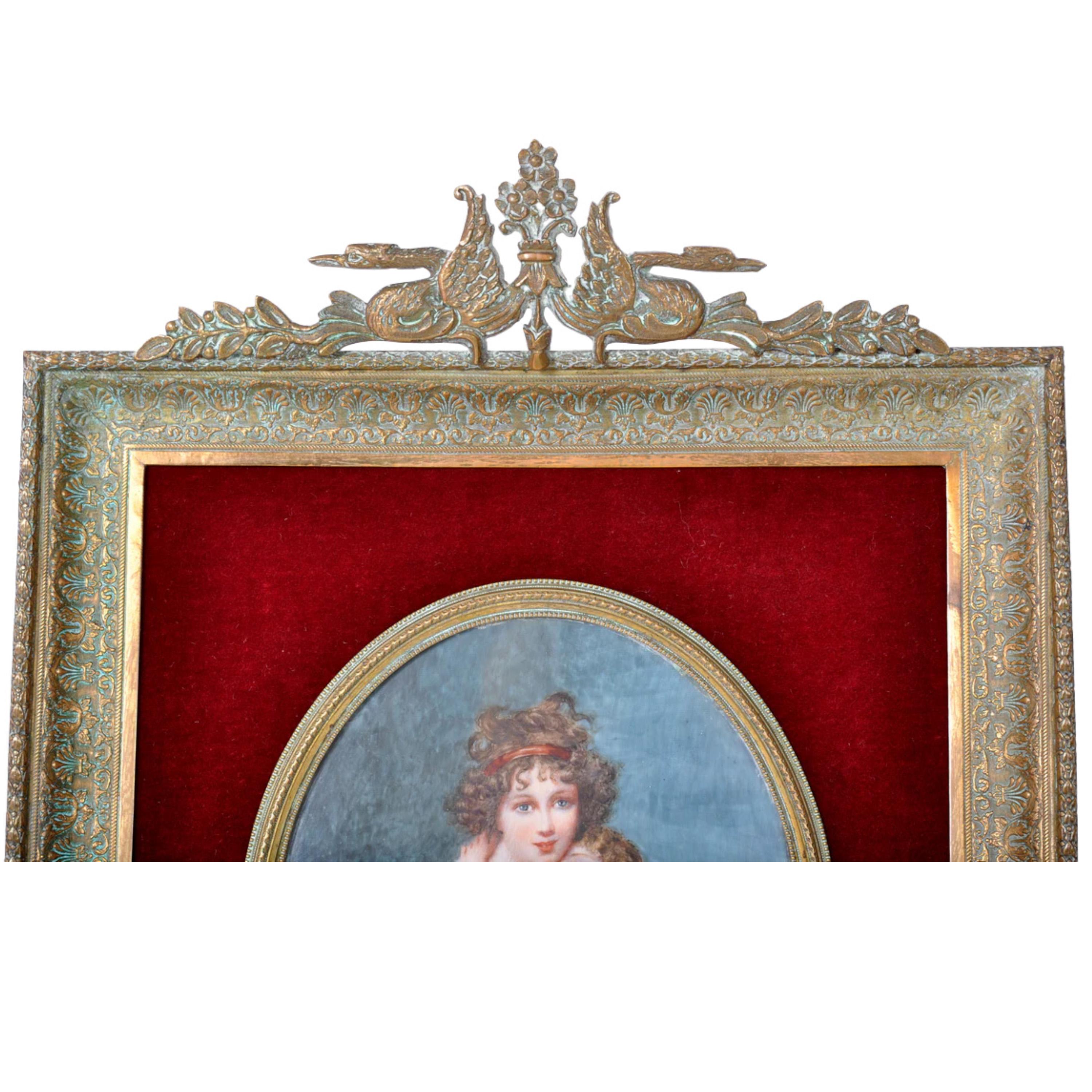 Antique French Portrait Miniature oil Painting, Jenny Savy, circa 1860. 
Il quadro è più grande della maggior parte dei ritratti in miniatura ed è stato dipinto da Jenny Savy, una rinomata artista francese di ritratti in miniatura del XIX secolo. La