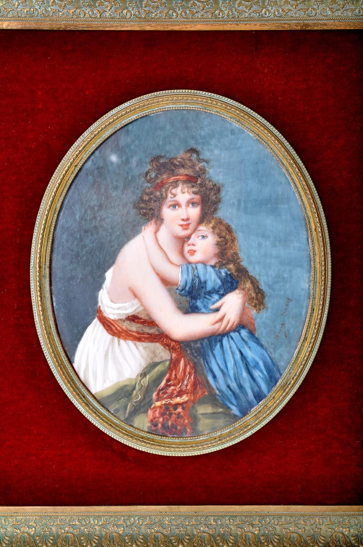 Antique French Ritratto Miniatura Pittura ad olio Vigee Lebrun Madre Figlia 1860 in vendita 4